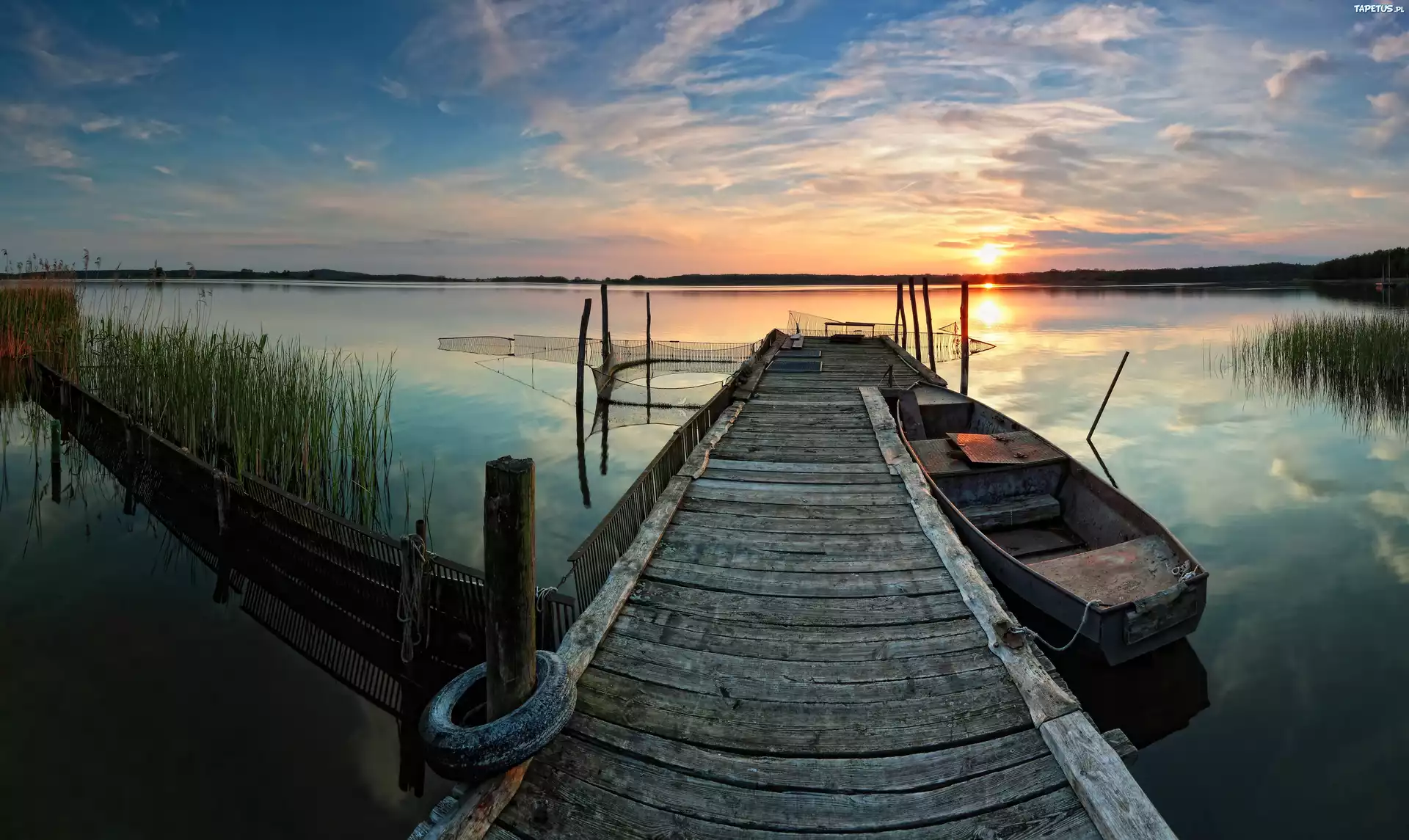 Zachód, Słońca, Jezioro, Molo, Łódka