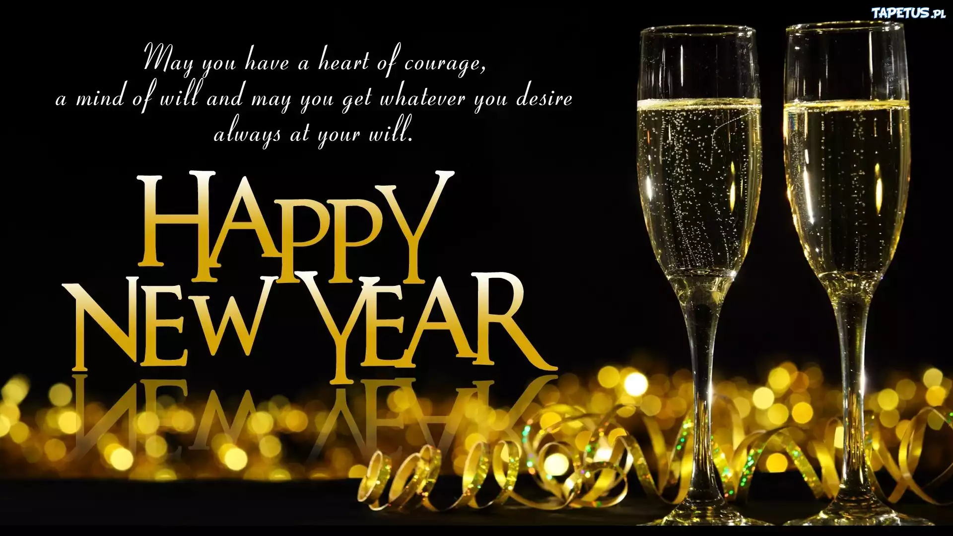Dwa, Kieliszki, Szampana, Serpentyna, Napis, Happy, New, Year, Sentencja, Po, Angielsku