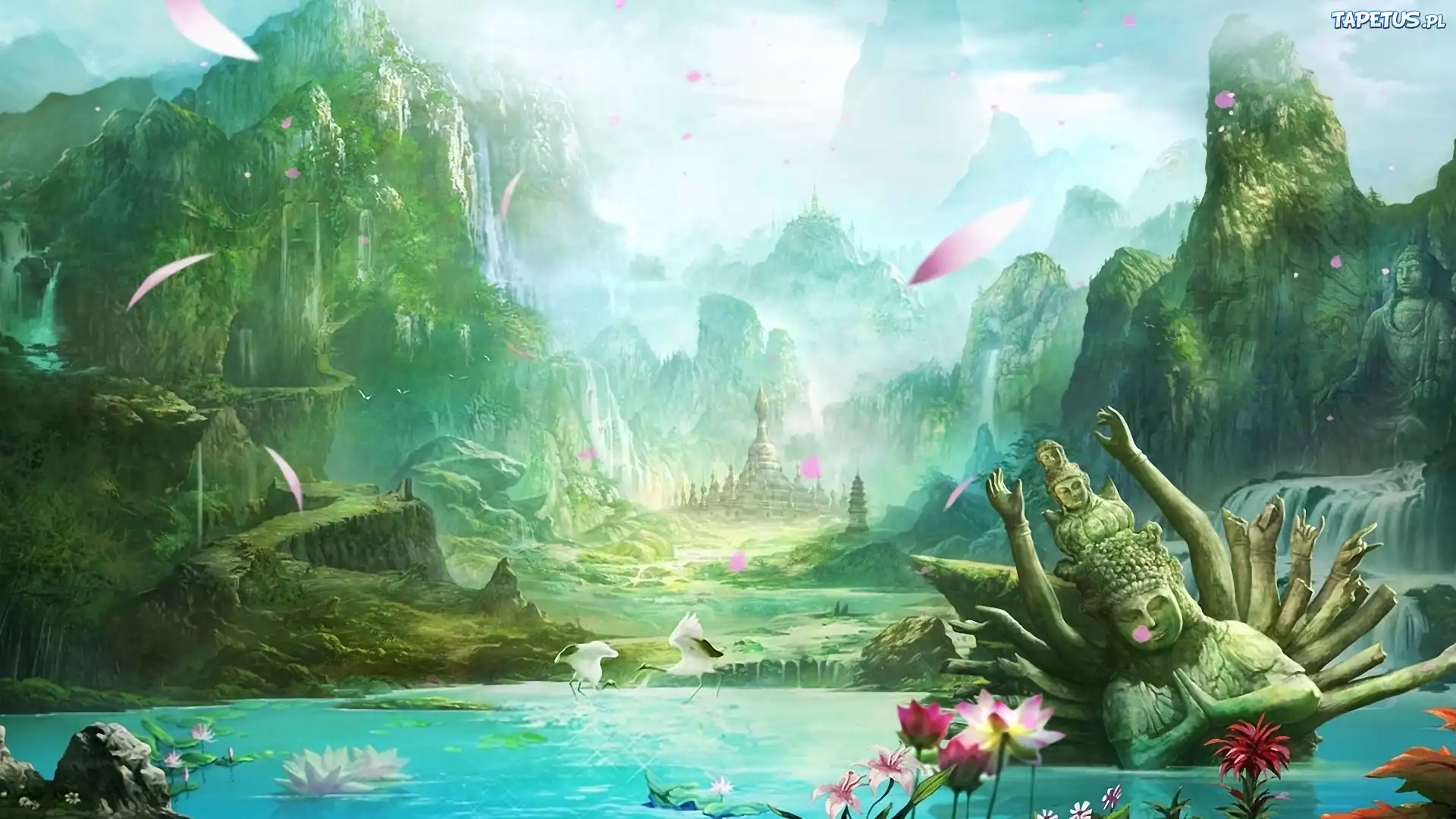 Fantasy, Góry, Jezioro, Zatopiony, Posąg