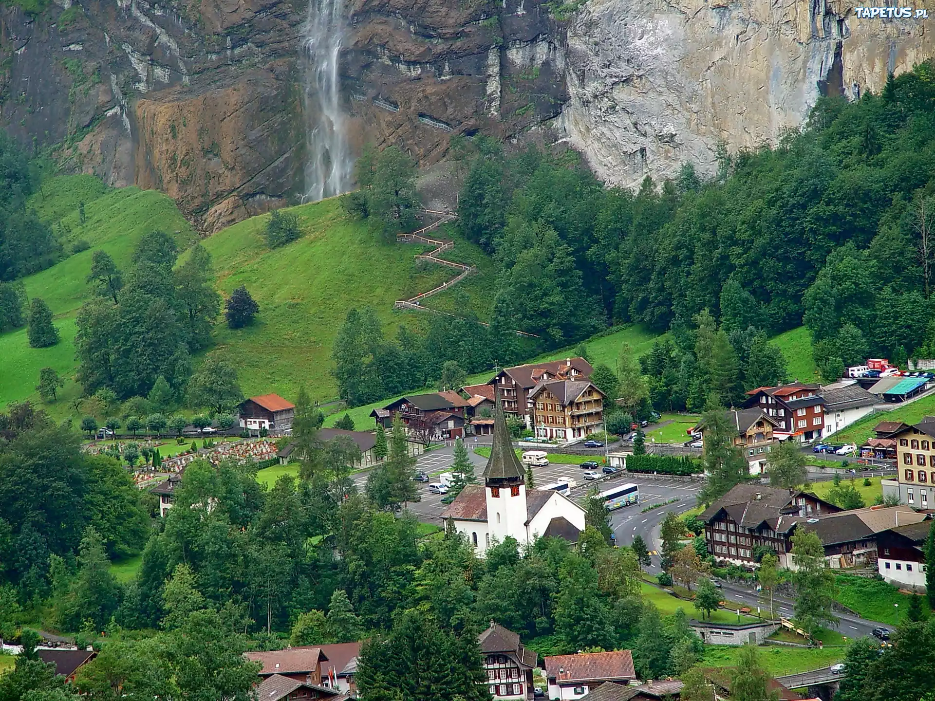 Góry, Wodospad, Las, Łąka, Kurort, Lauterbrunnen