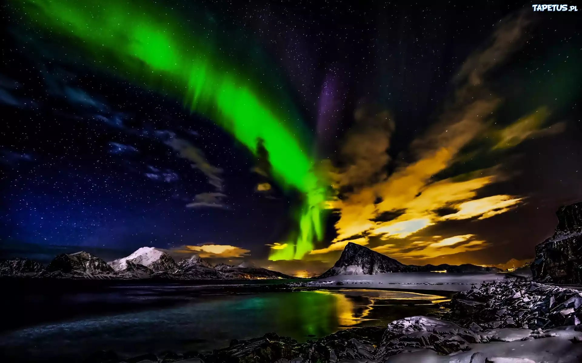 Norwegia, Zorza Polarna, Góry, Jezioro, Noc