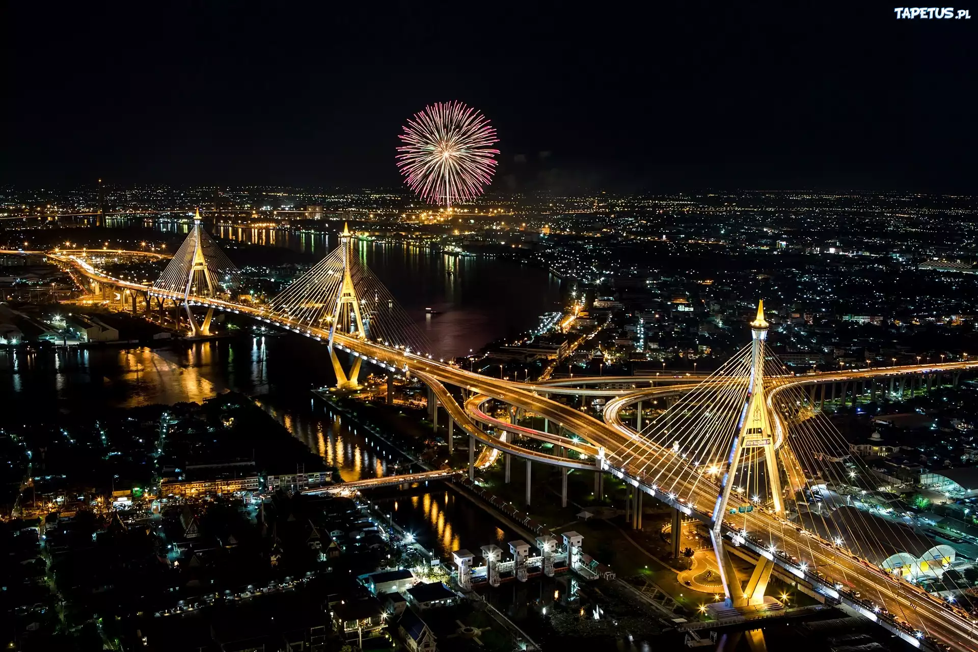 Tajlandia, Bangkok, Miasto, Nocą, Most