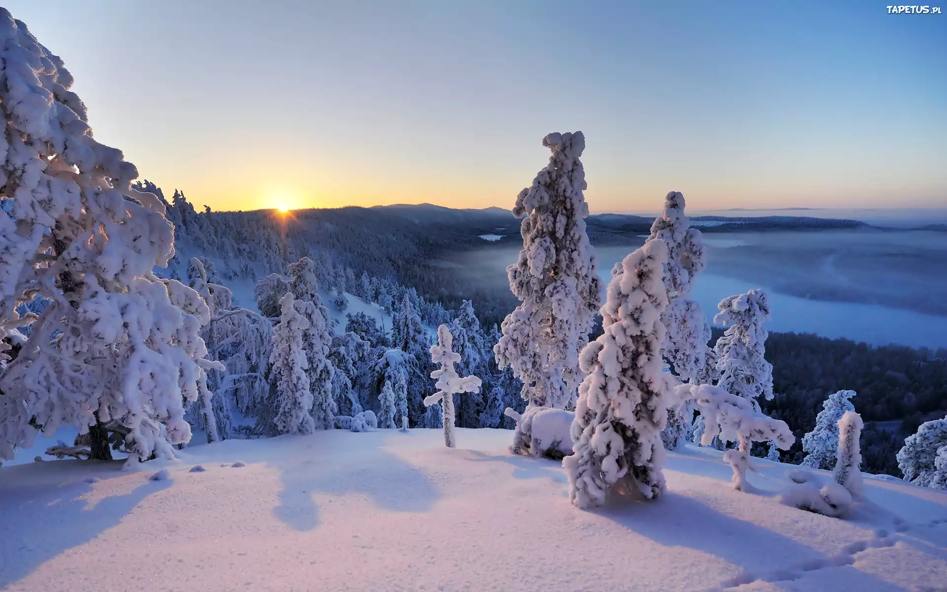 Zima, Góry, Lasy, Zachód Słońca, Kuusamo, Finlandia