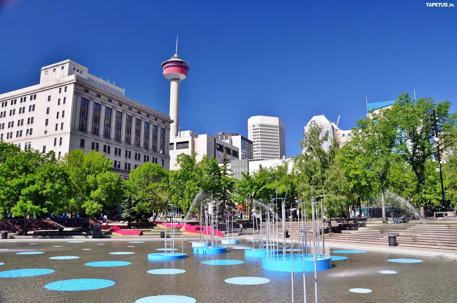 Calgary, Panorama, Miasta, Park, Sadzawka, Wodotryski