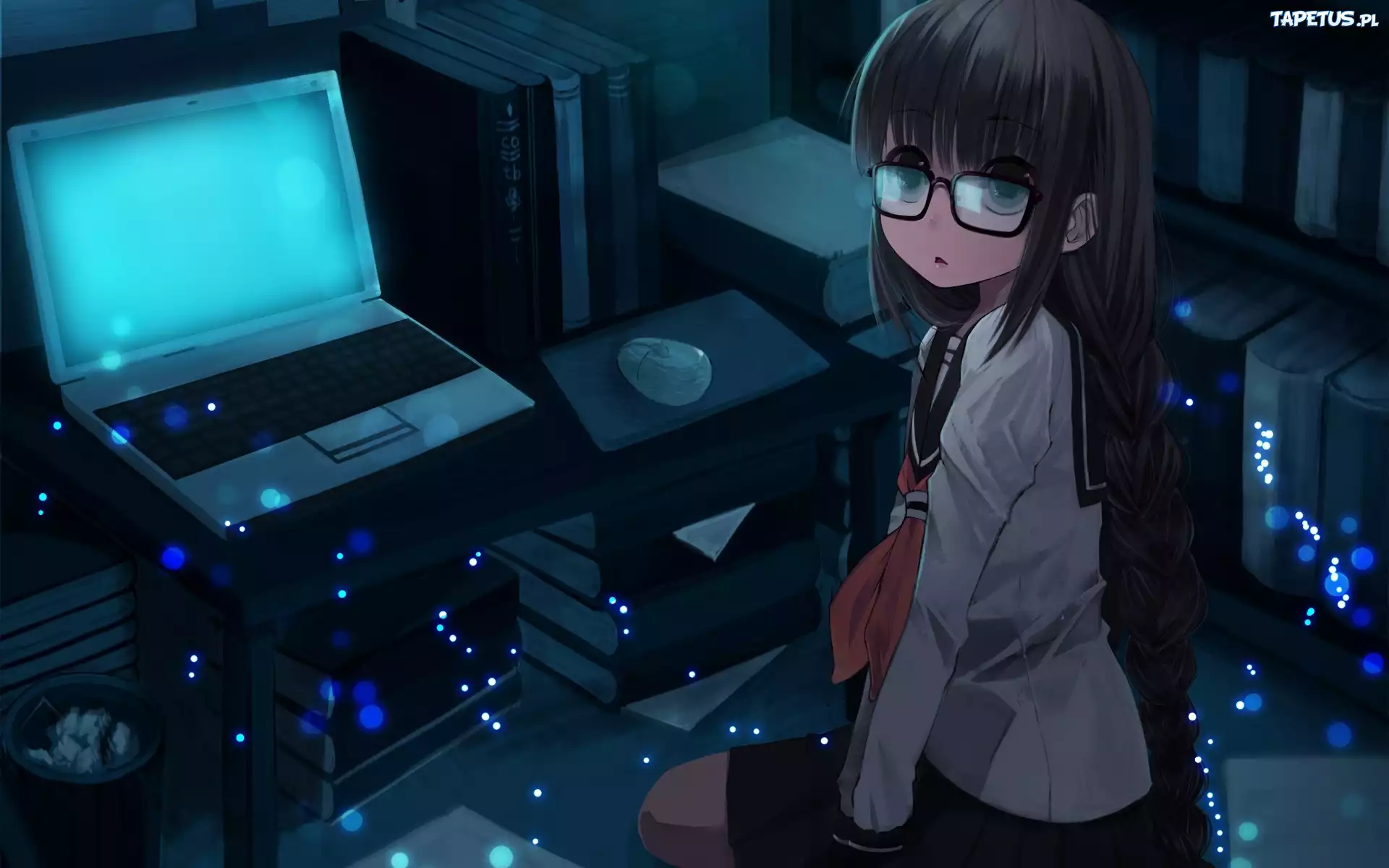 Dziewczyna, Okulary, Pokój, Biurko, Laptop, Myszka, Książki, Kosz, Manga, Anime