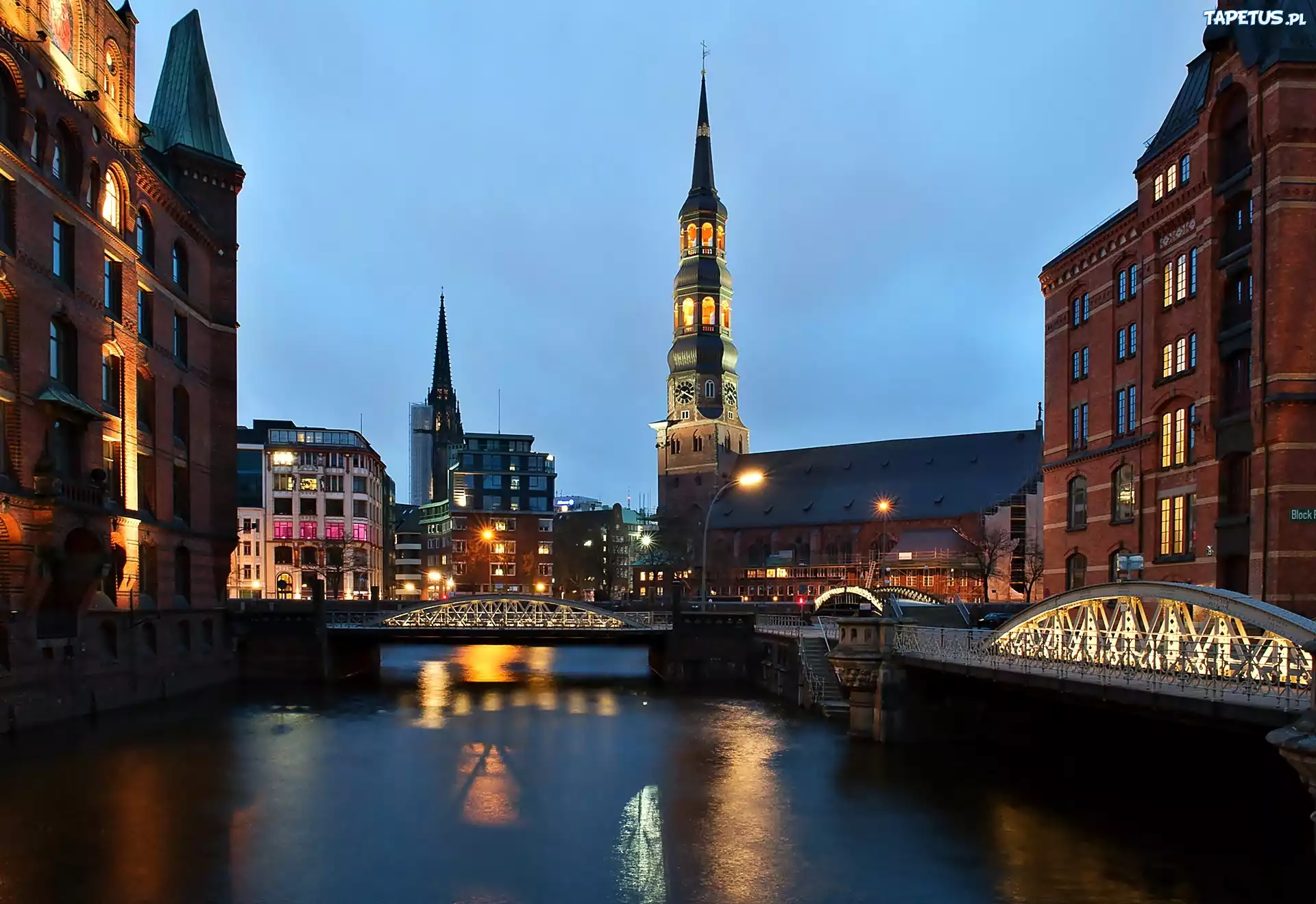 Domy, Ratusz, Rzeka, Alster, Most, Nocna Panorama, Hamburga
