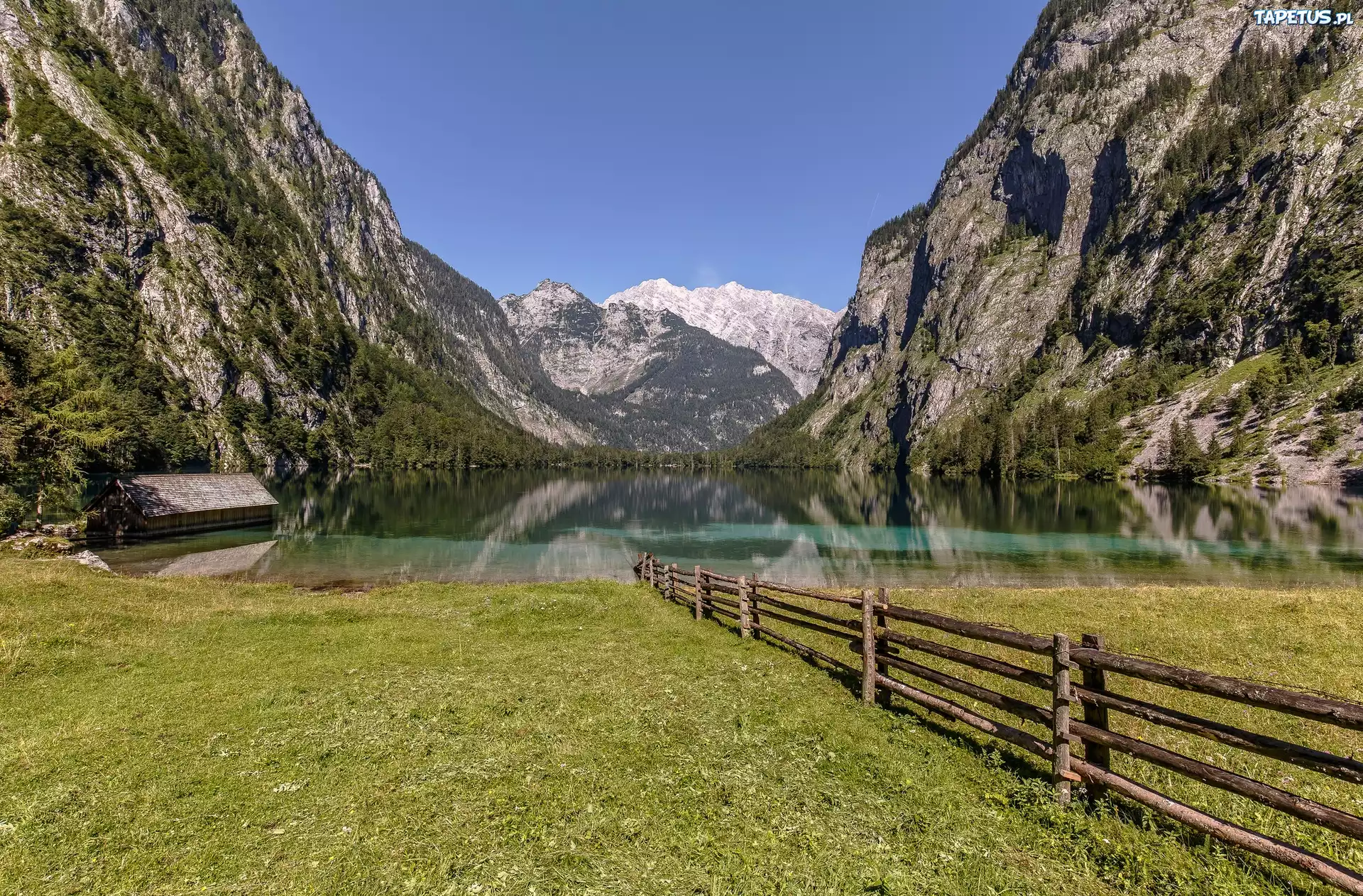 Jezioro Königssee, Alpy Bawarskie, Bavaria, Niemcy, Łąka, Płot