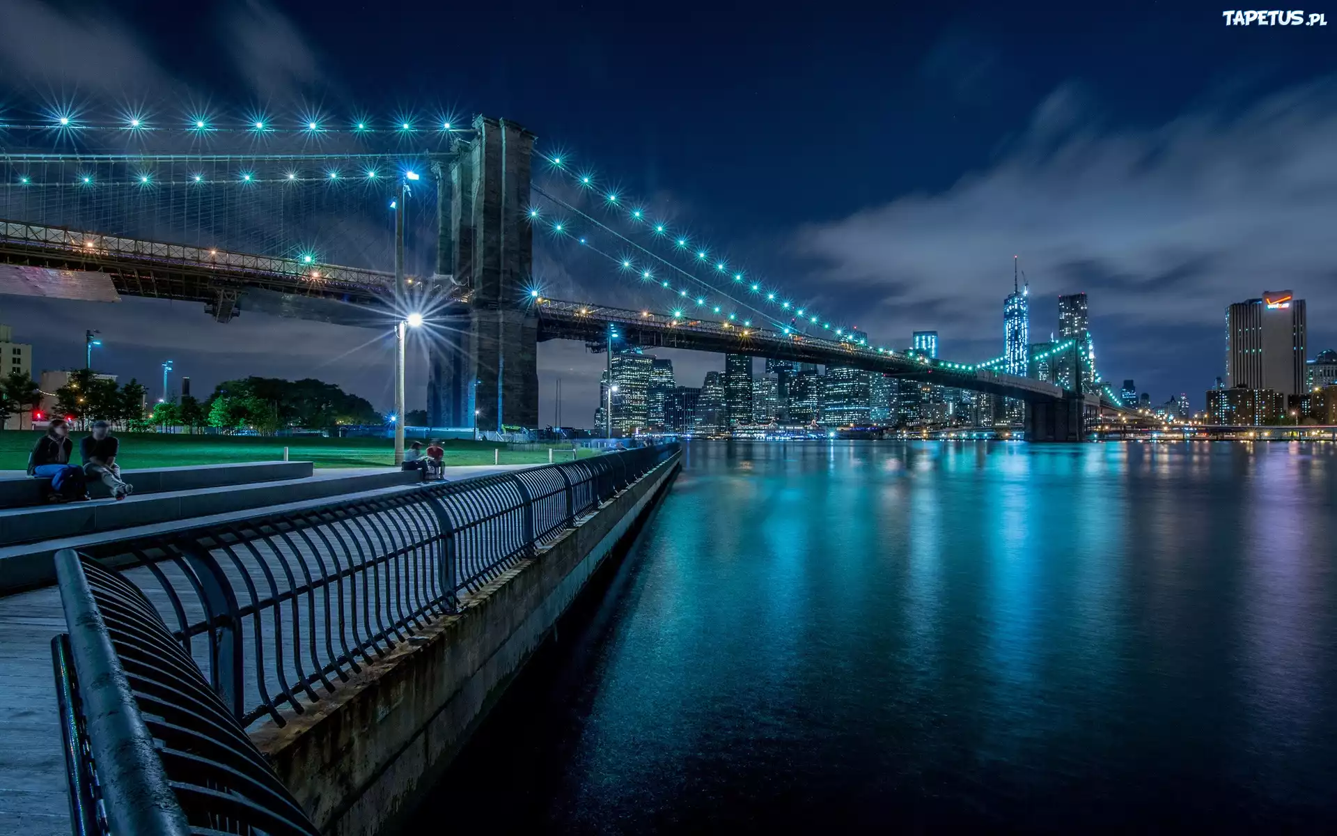 Oświetlony, Most, Wieżowce, Brooklyn, Noc, Nowy Jork