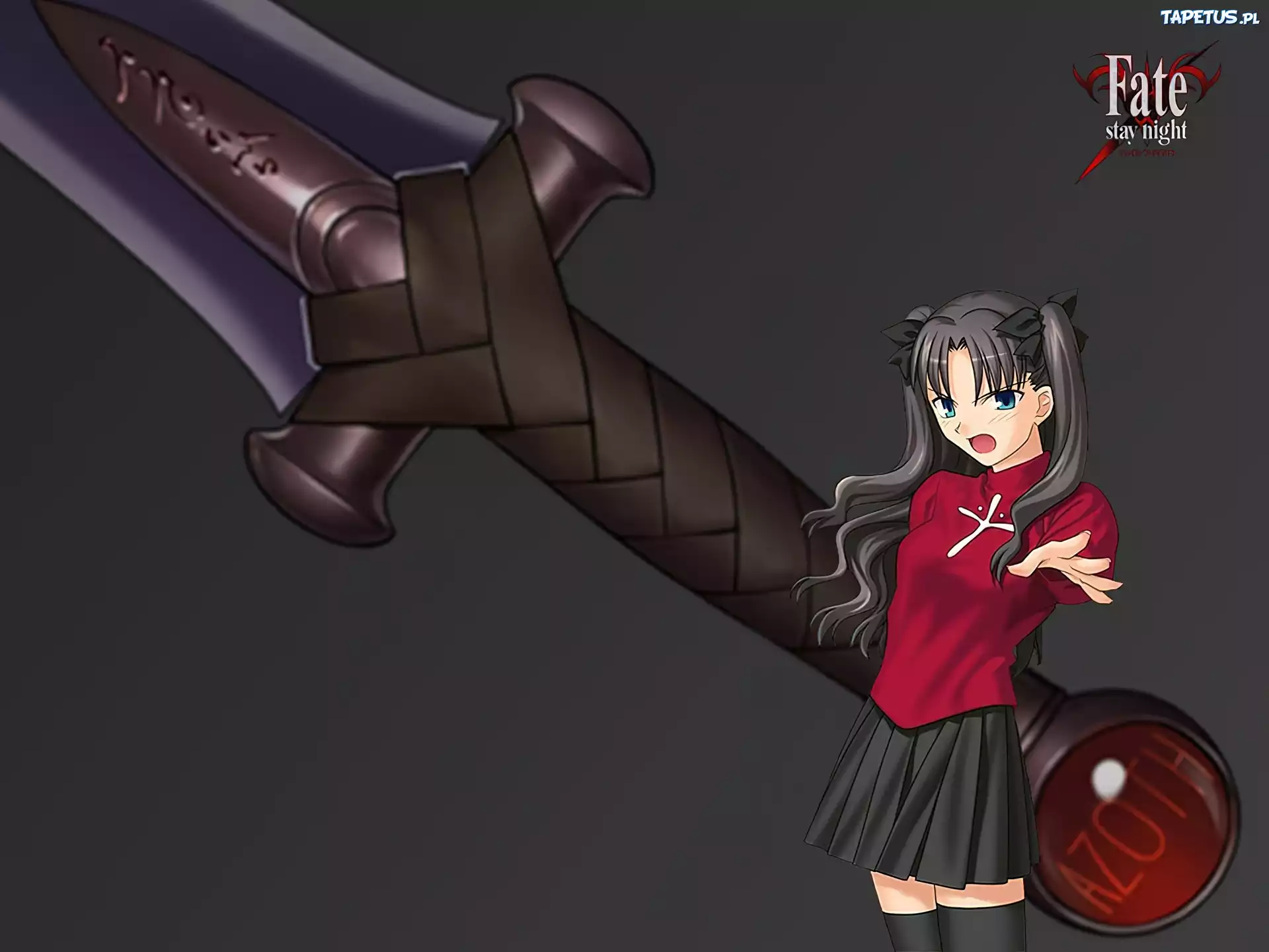 Fate Stay Night, dziewczyna, miecz, napis