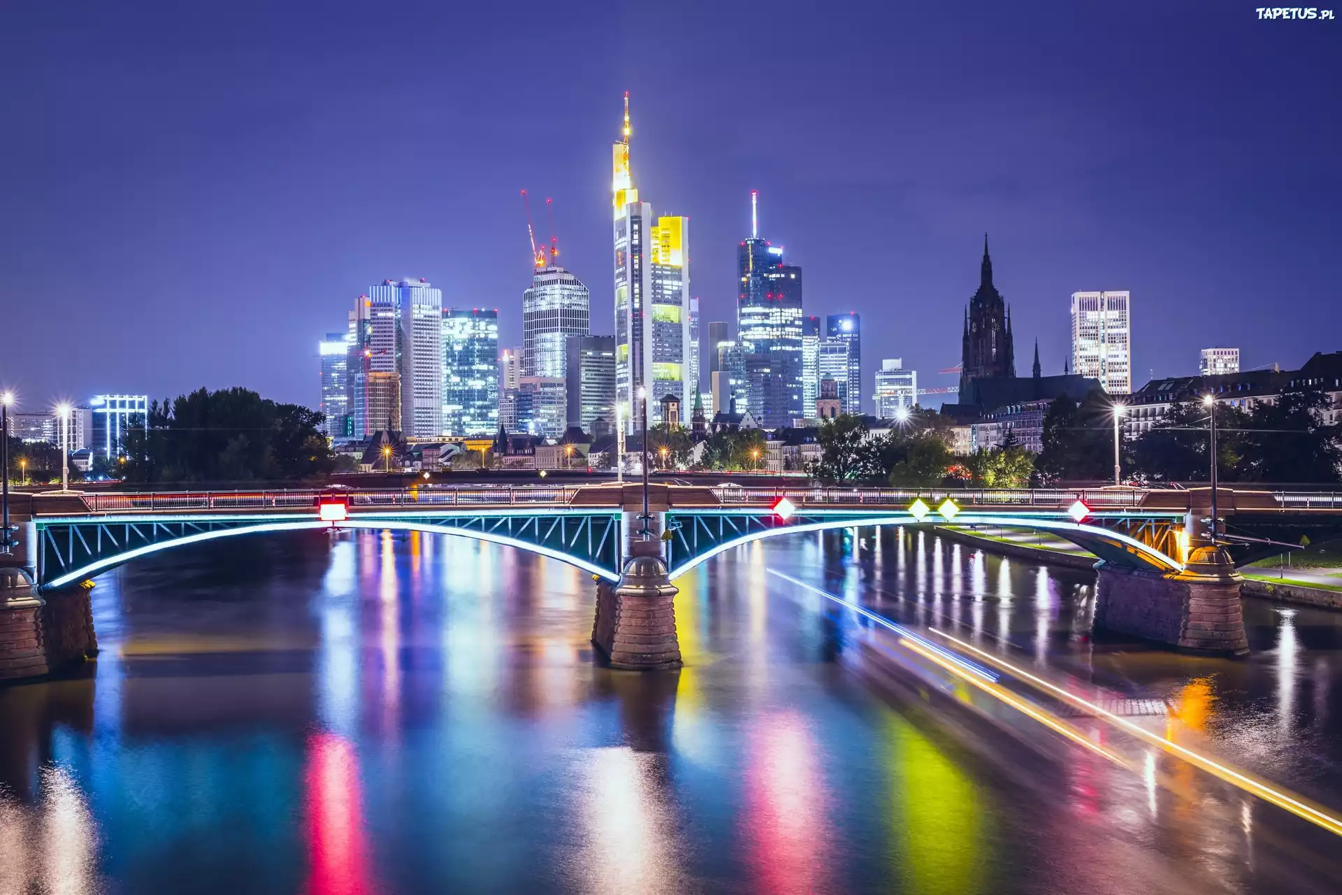 Frankfurt, Noc, Most, Rzeka, Kolorowe, Światła