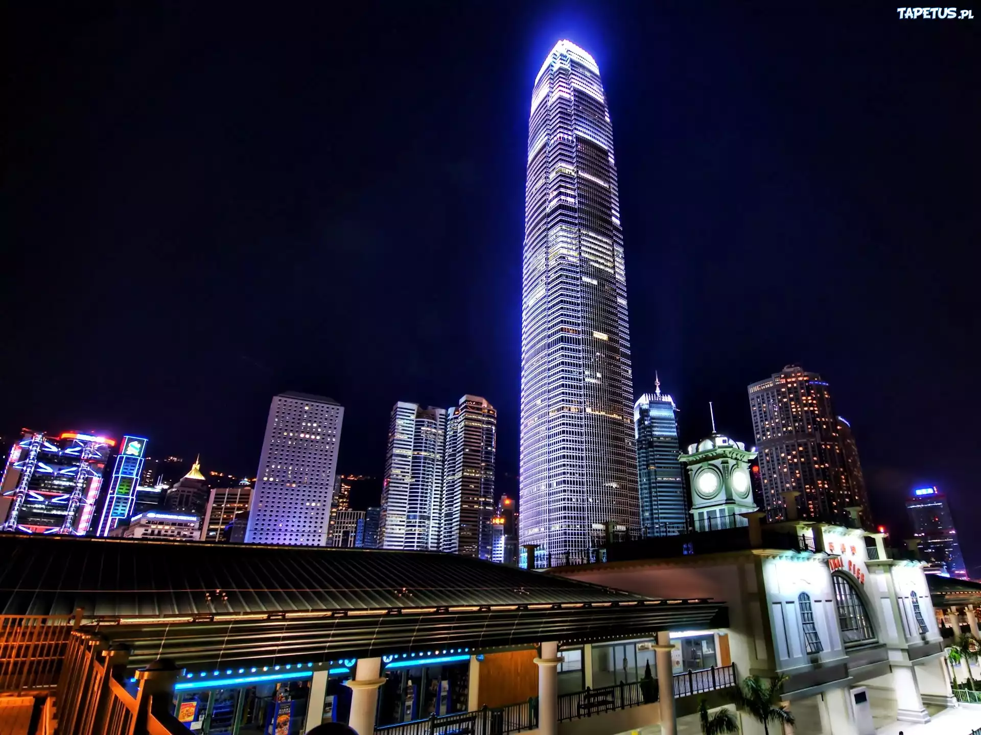 Hong Kong, Fragment, Miasta, Wieżowce, Noc, Niebo