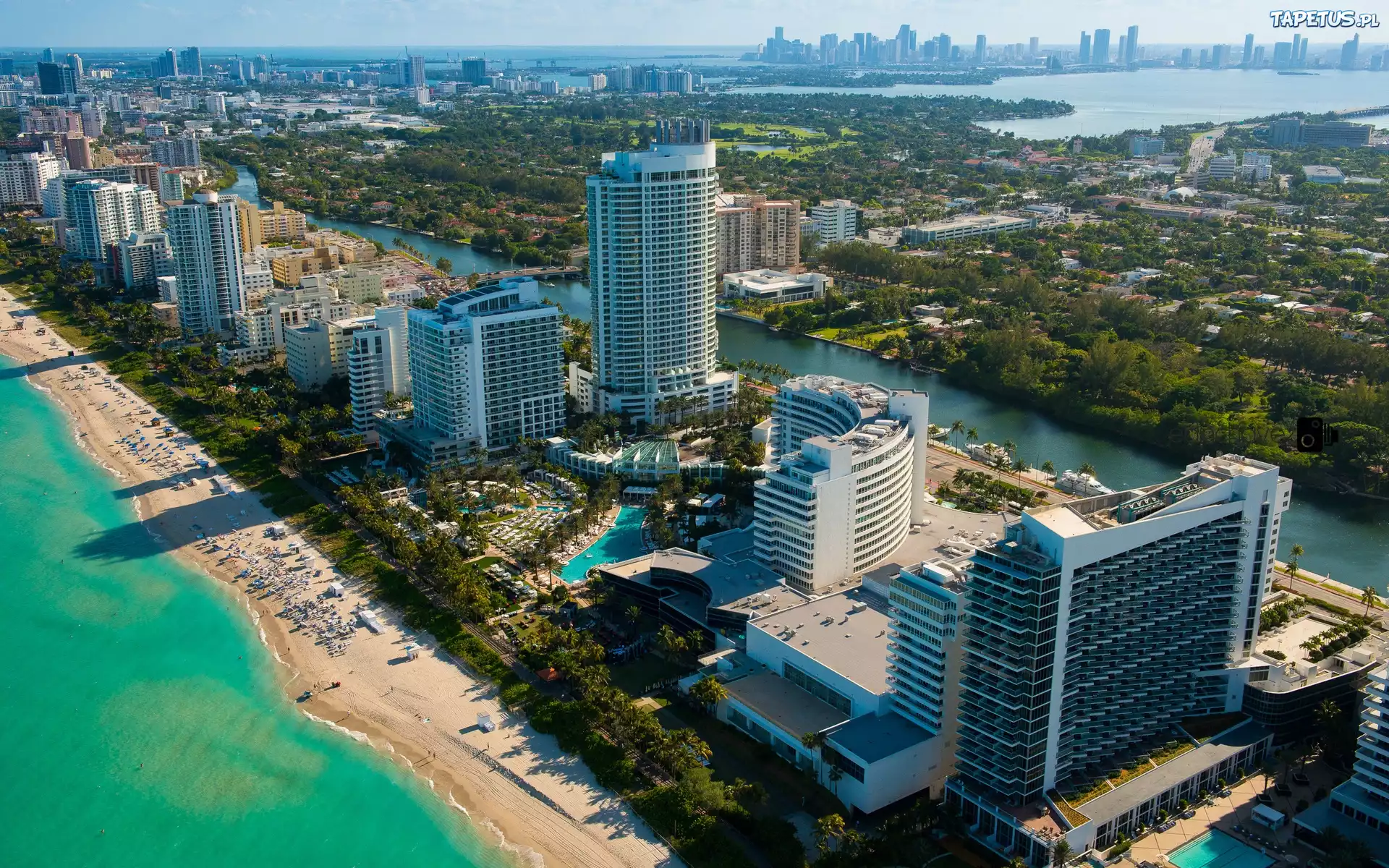 Wieżowce, Plaża, Ocean, Miami, Floryda