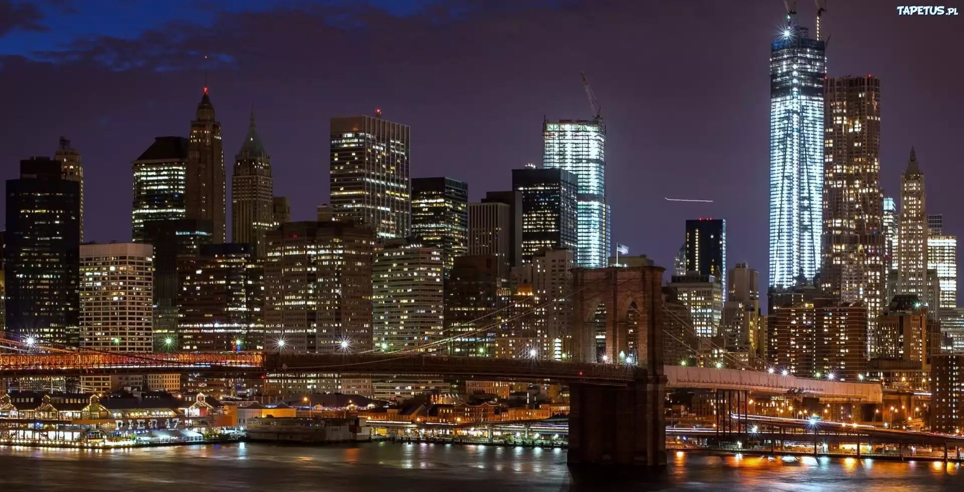 Drapacze chmur, Brooklyn Bridge, Manhattan nocą