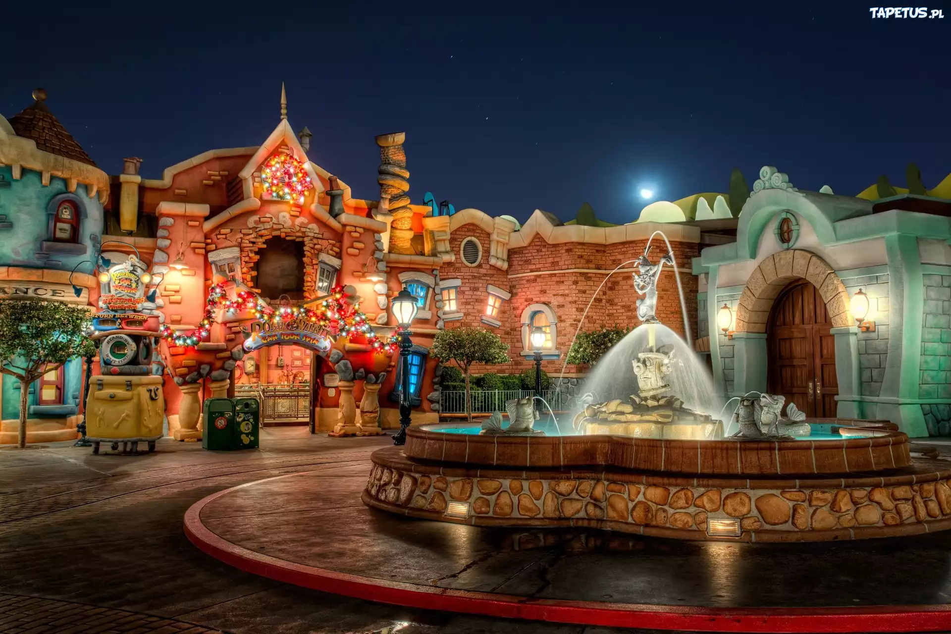 Miasto, Noc, Fontanna, Budynki, Disneyland, Kalifornia, USA