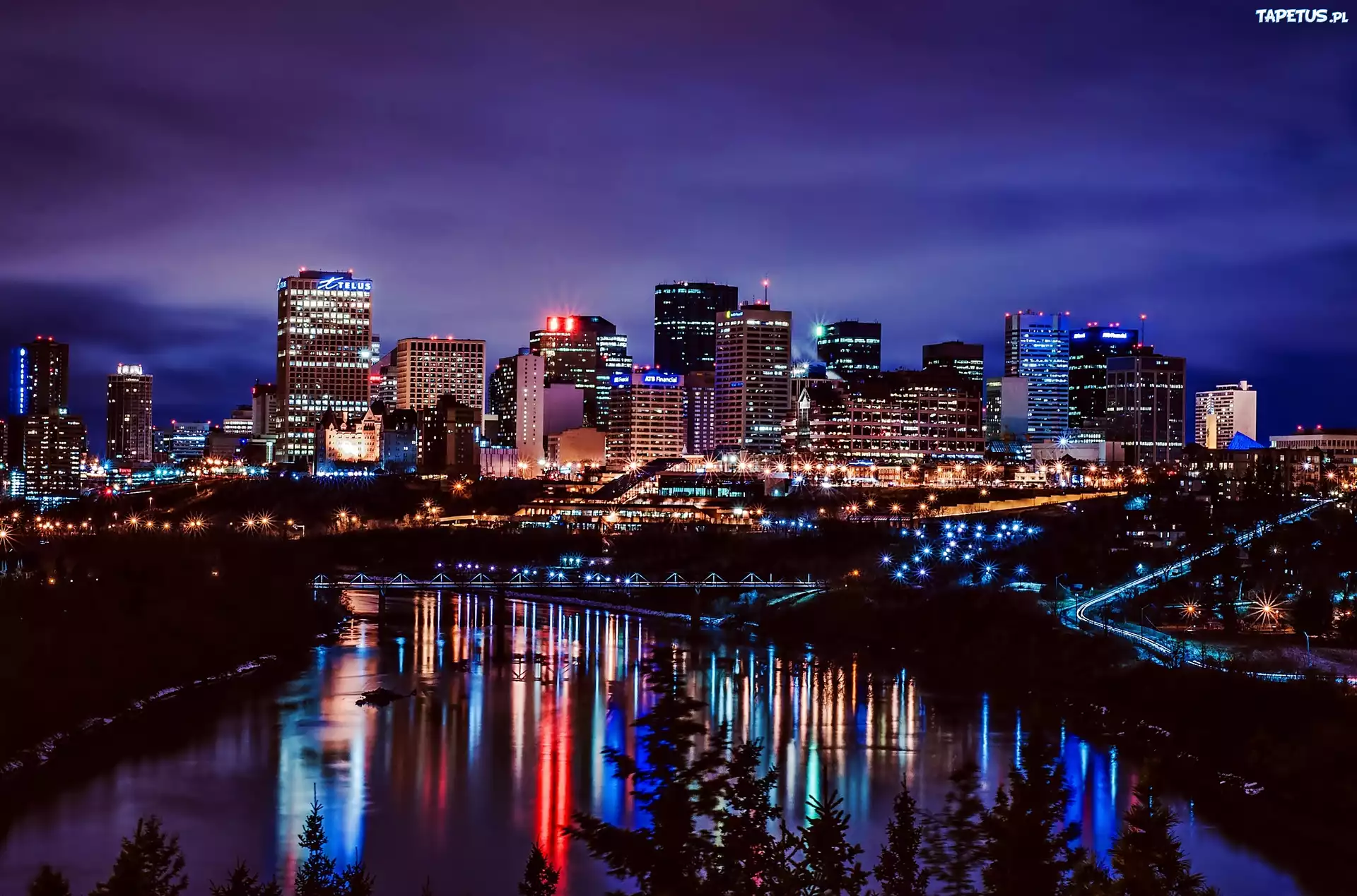 Drapacze Chmur, Rzeka, Most, Edmonton, Panorama, Miasta, Nocą