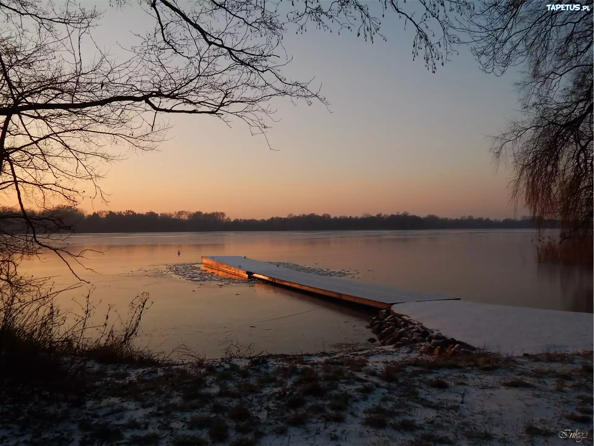 Jezioro, Pomost, Zachód, Słońca, Gałęzie