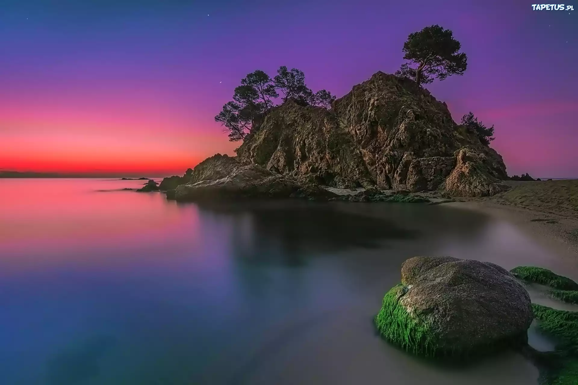 Ocean, Wyspa, Skały, Zachód Słońca