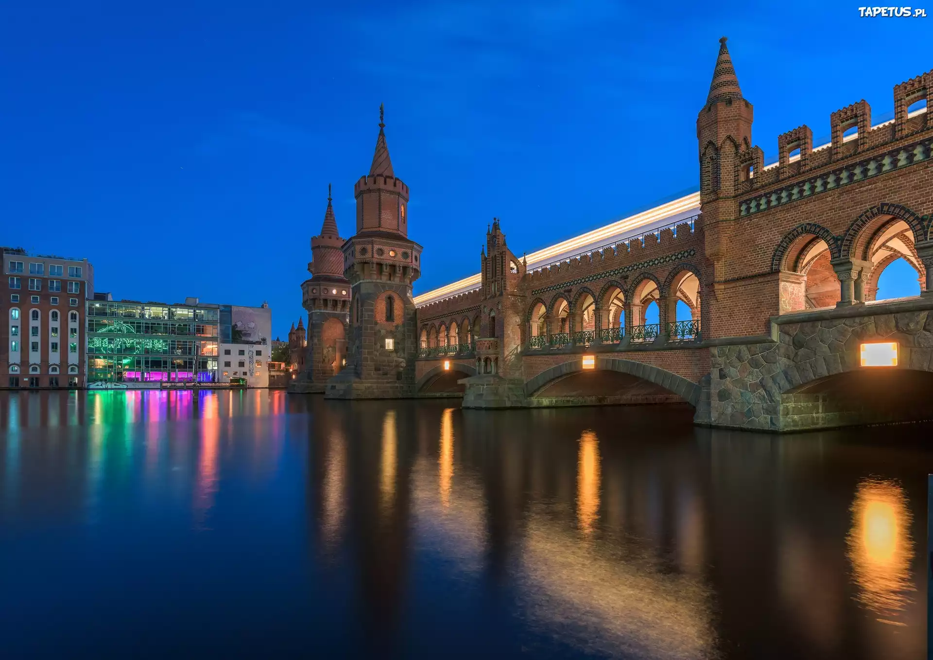 Niemcy, Berlin, Most, Rzeka, Budynki ,Noc