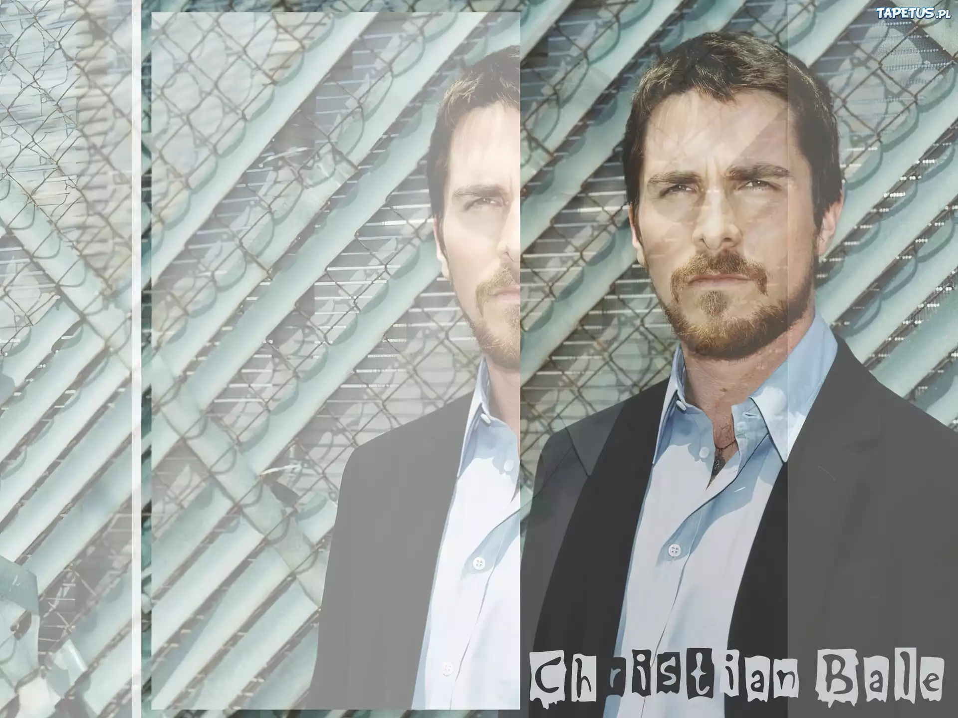 Christian Bale,czarna marynarka, niebieska koszula
