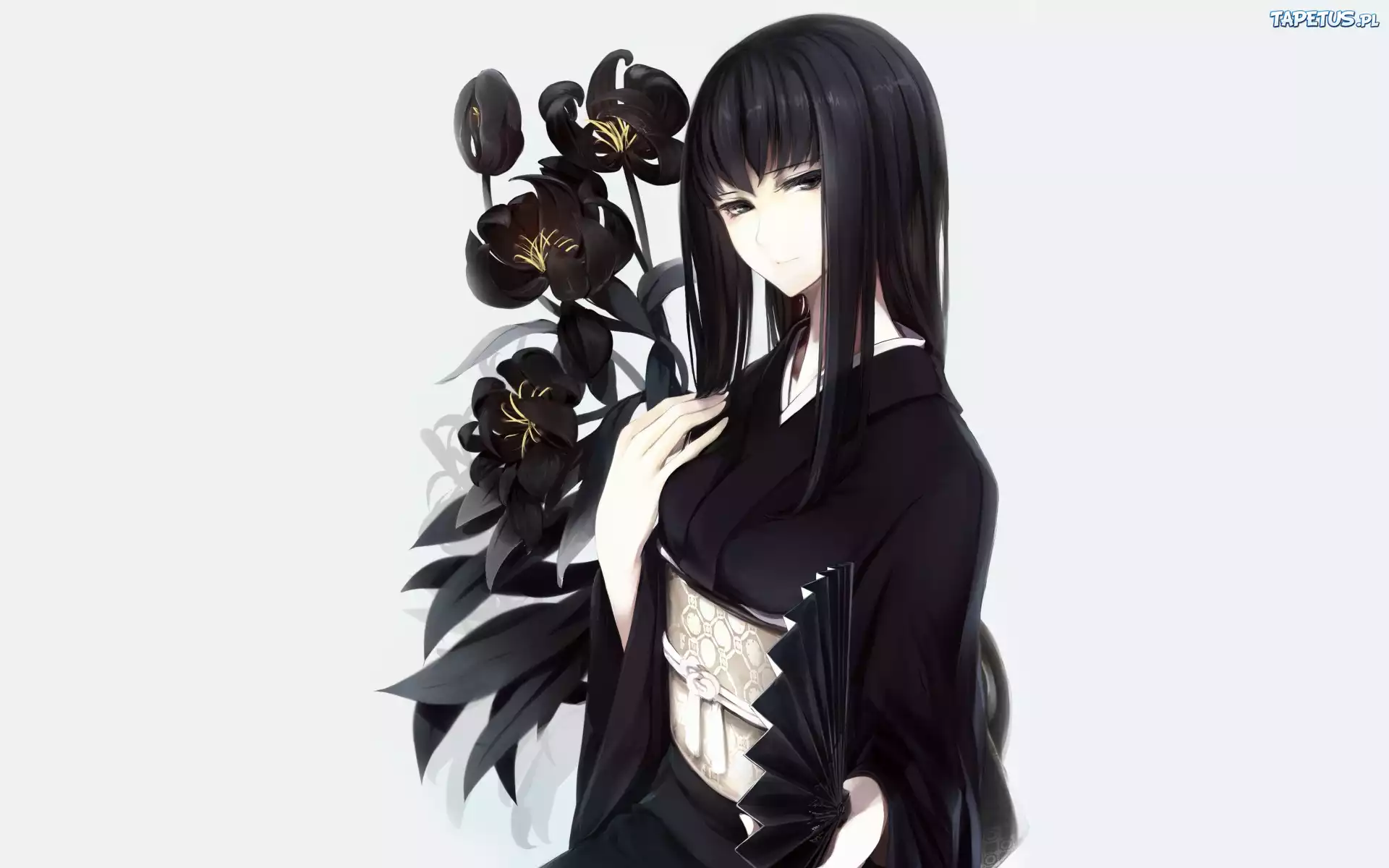 Kobieta, Kwiaty, Wachlarz, Kimono, Manga, Anime