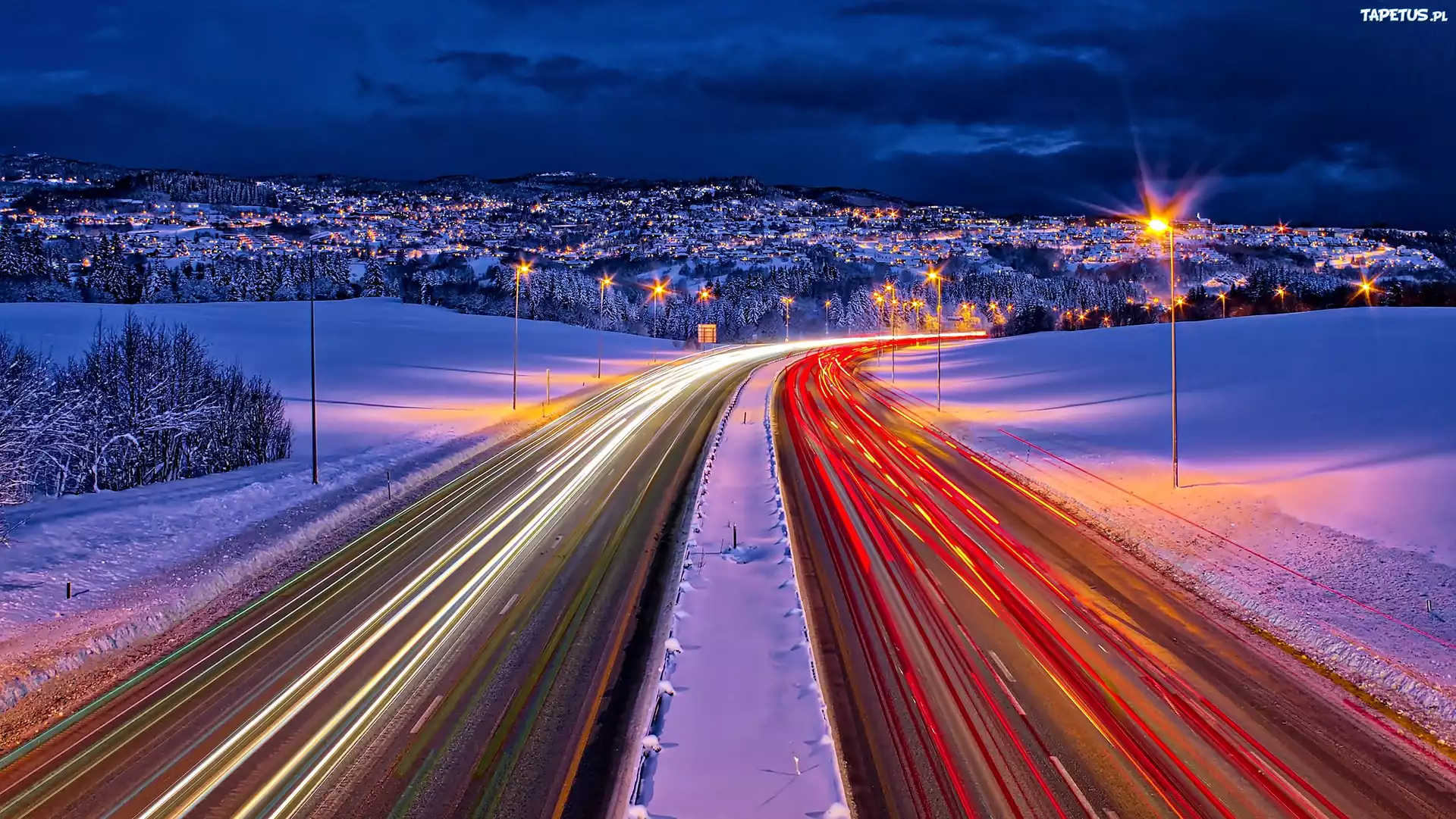 Zima, Droga, Panorama, Trondheim, Nocą, Norwegia