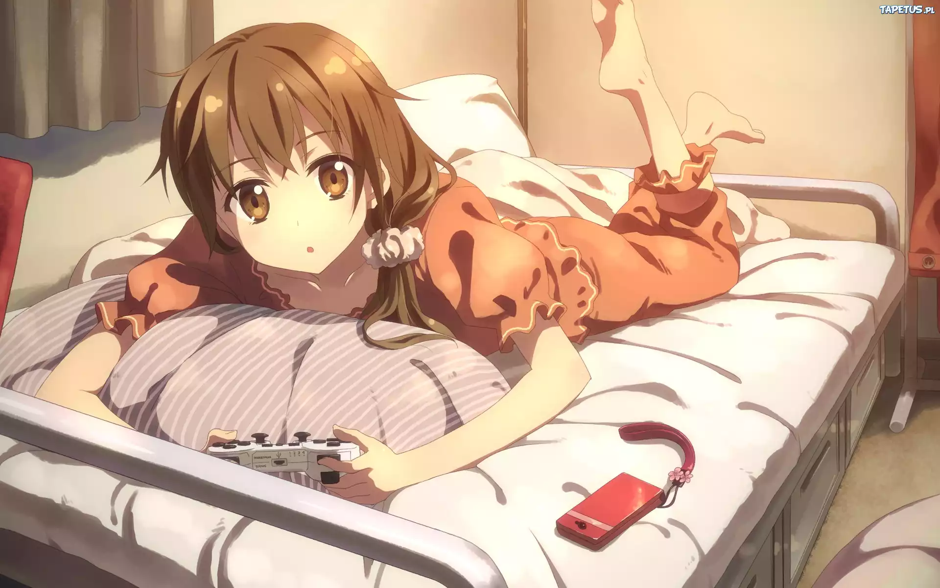 Dziewczyna, Łóżko, Telefon, Anime