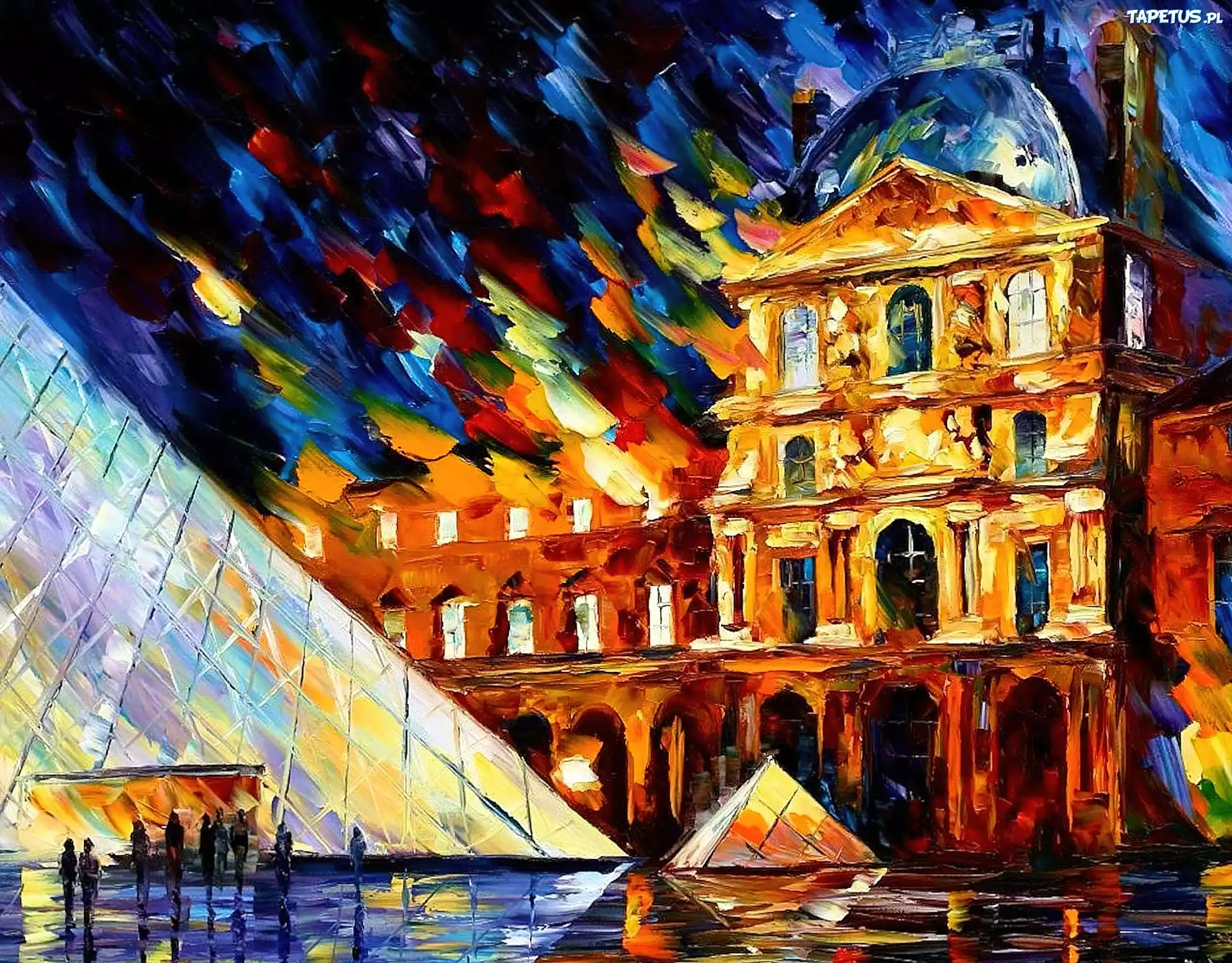 Leonid Afremov, Malarstwo, Obraz, Pałac, Muzeum Luwr, Piramida, Francja, Paryż