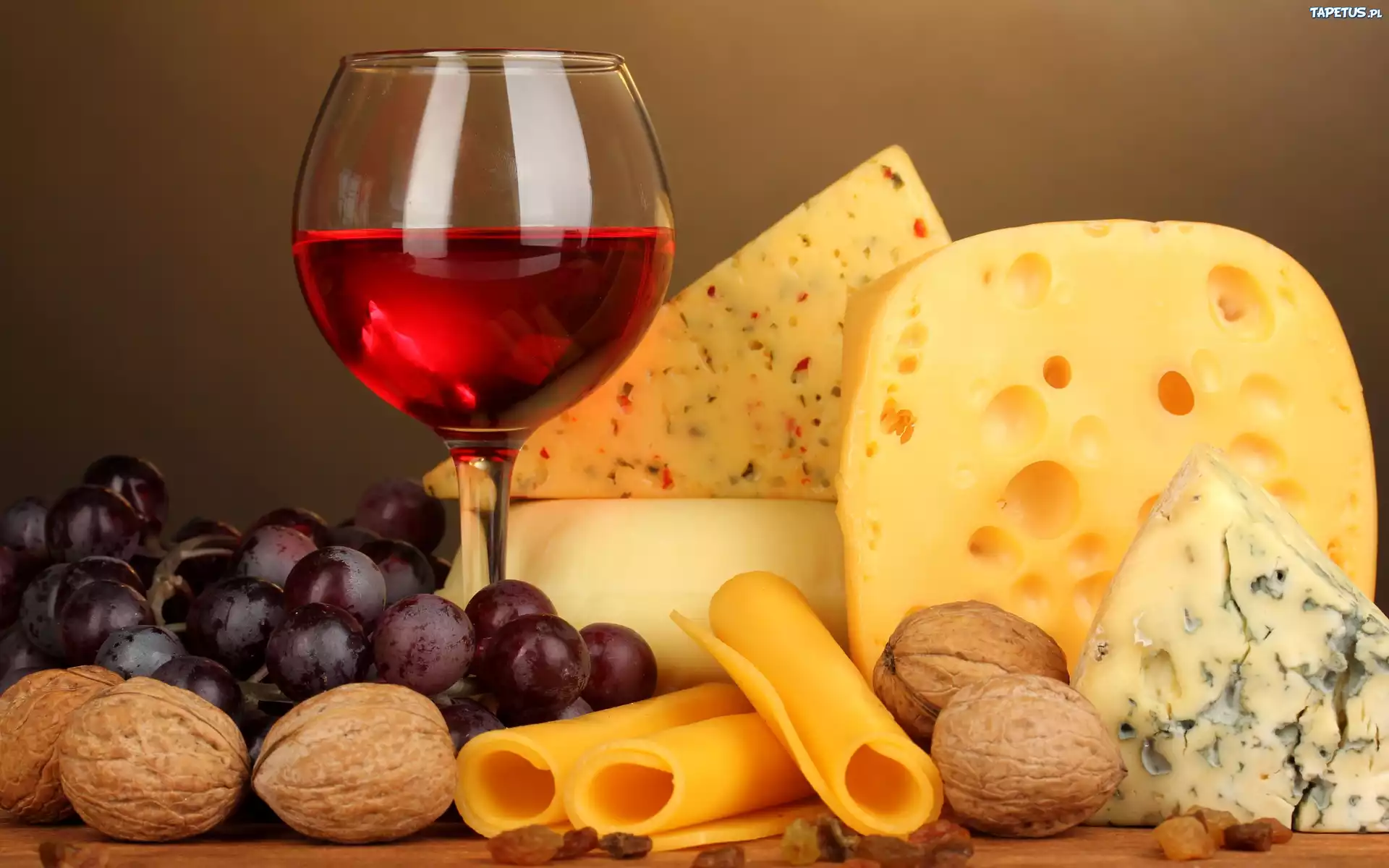 Wino, Kieliszek, Winogrono, Orzechy, Makaron, Sery