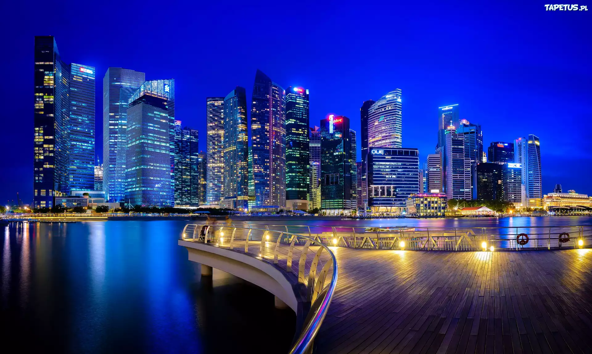 Singapur, Wieżowce, Pomost, Miasto Nocą