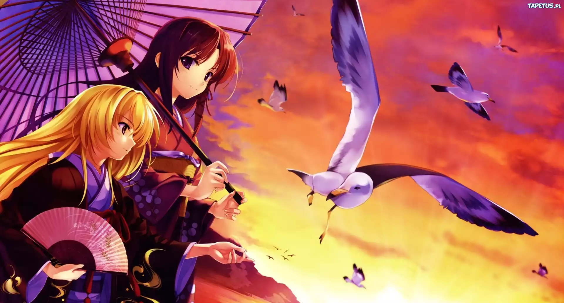 Dziewczyny, Gejsze, Parasol, Wachlarz, Kimona, Manga, Anime