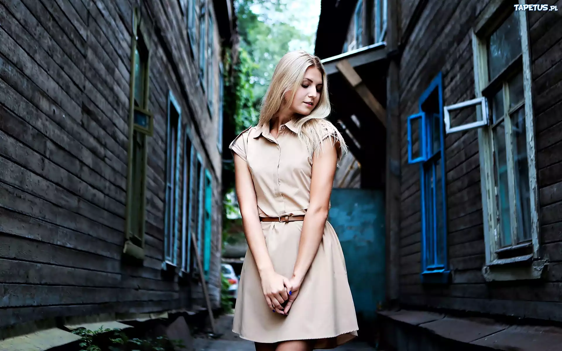 Drewniane, Domy, Kobieta, Blondynka