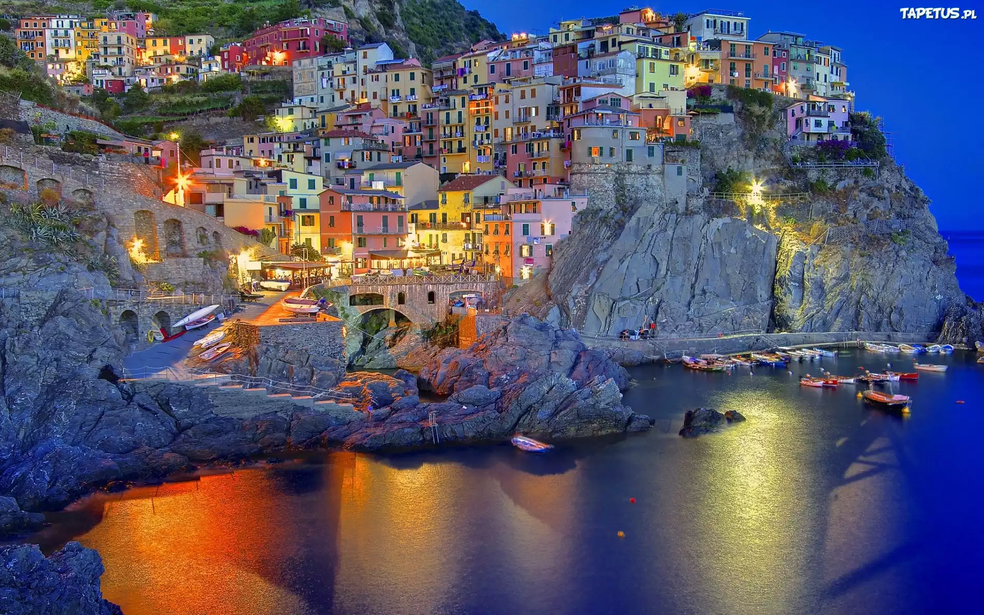 Wybrzeże, Zatoka, Łodzie, Miasteczko, Manarola, Włochy, Zmrok