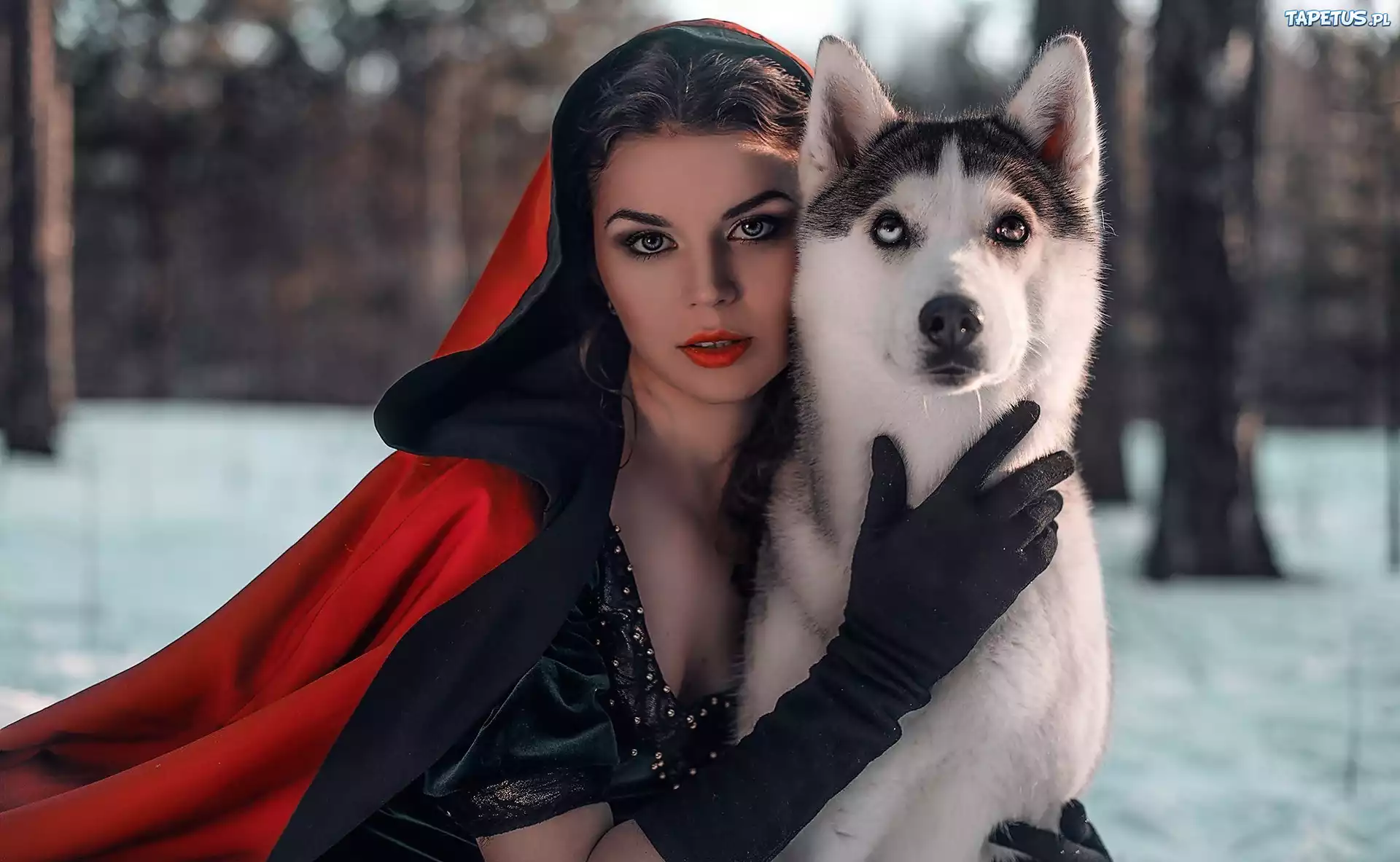 Kobieta, Czerwona, Peleryna, Pies, Husky