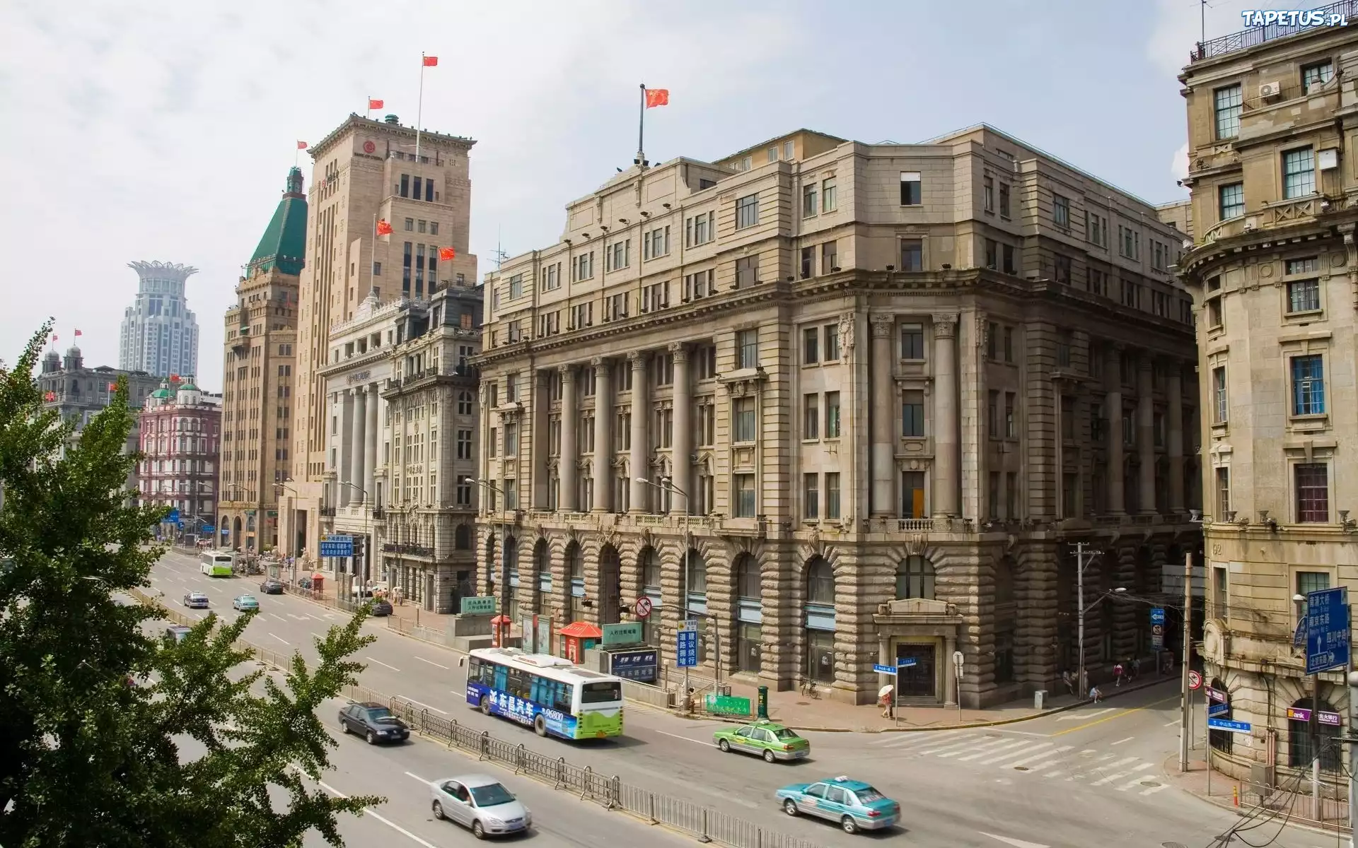 Chiny, Szanghaj, Miasto, Ulica, Budynki, Samochody, Autobus