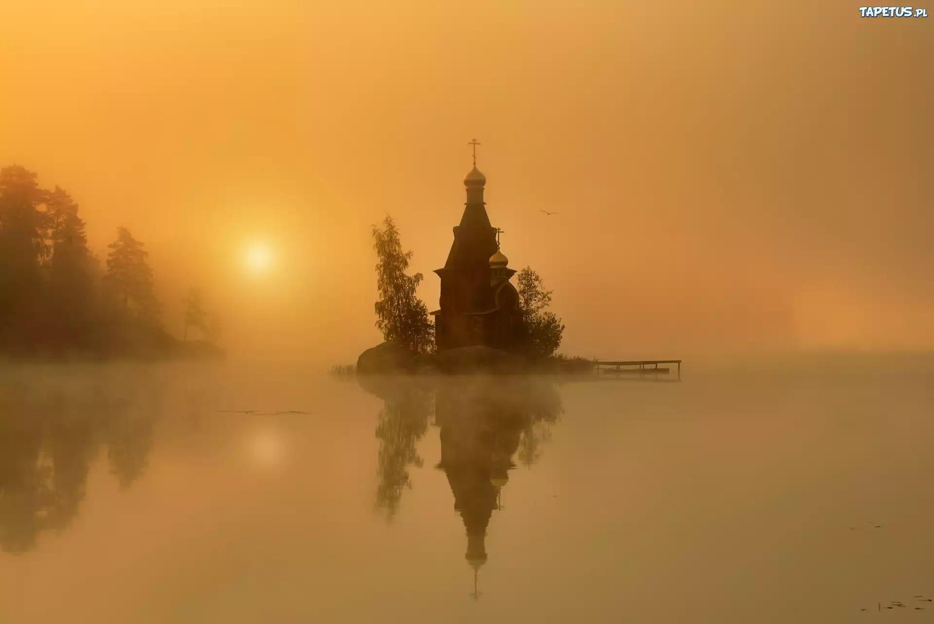 Cerkiew, Wyspa, Jezioro, Mgła, Drzewa