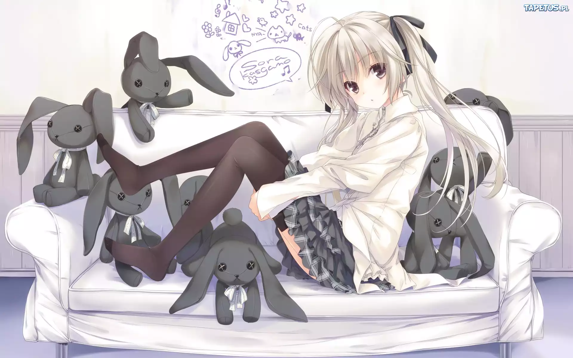 Dziewczyna, Kanapa, Zające, Pluszaki, Rysunek, Manga, Anime