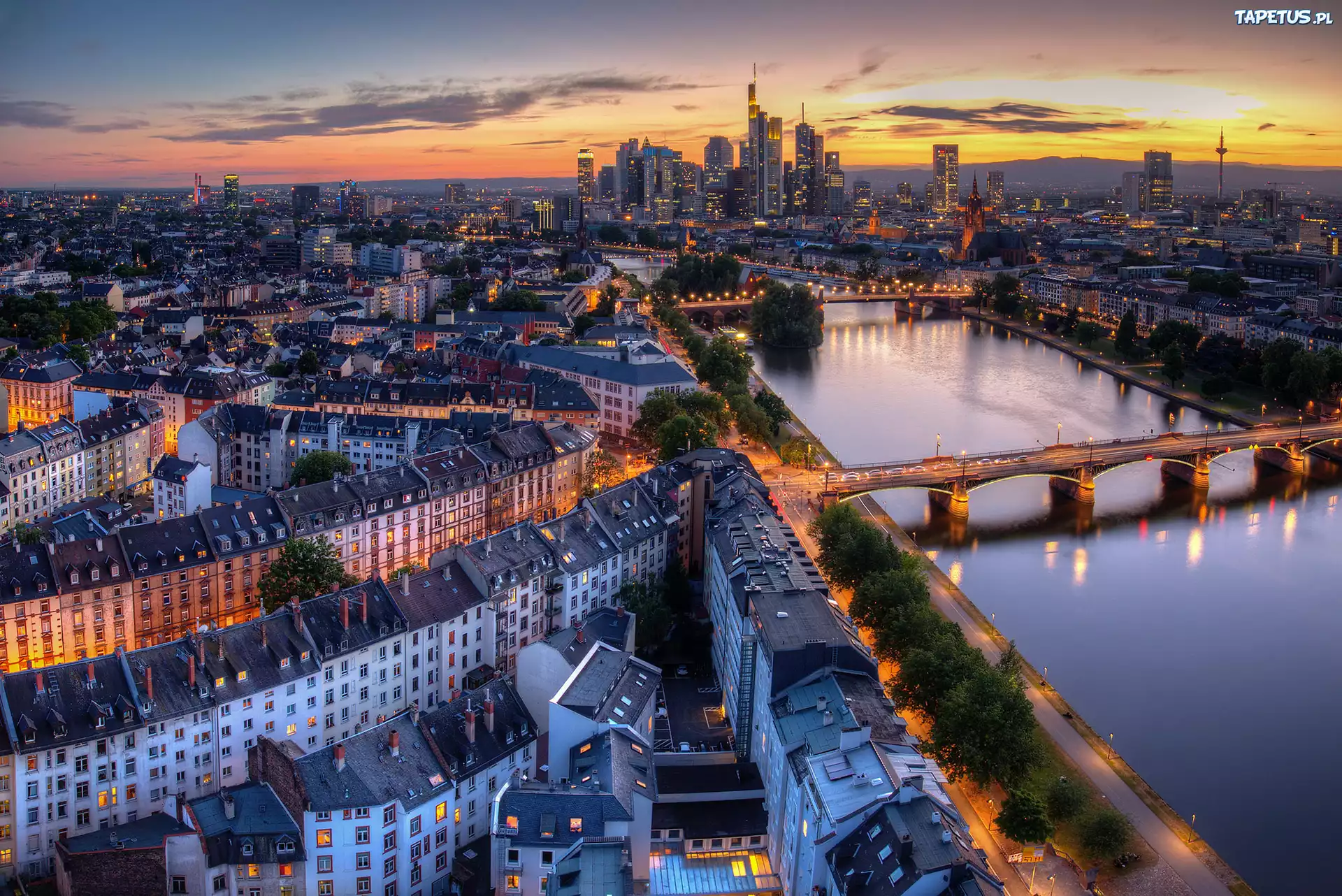 Frankfurt, Niemcy, Noc, Most, Rzeka, Dom