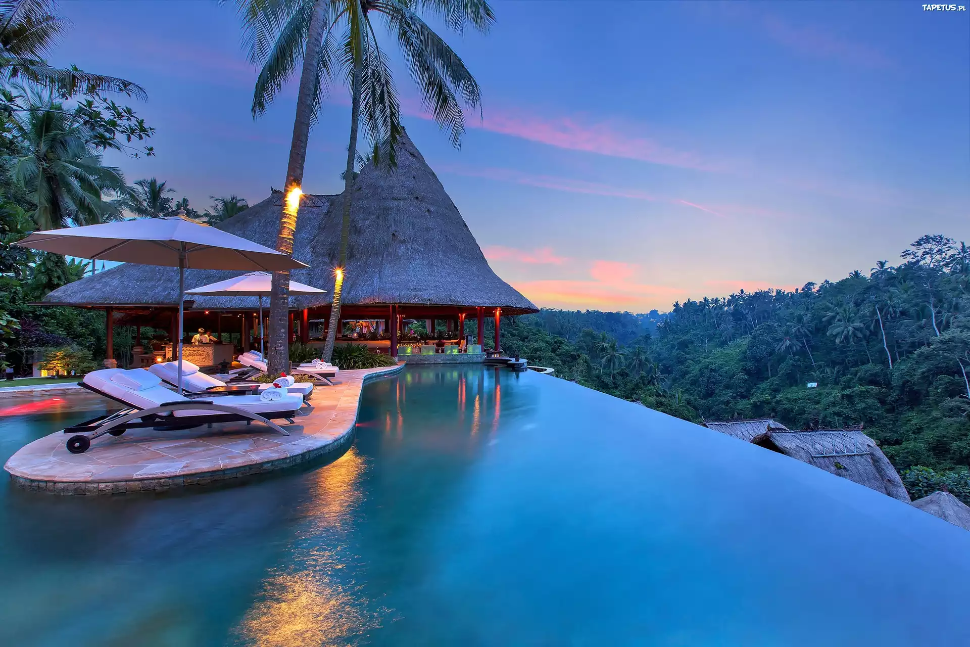 Hotel, Leżaki, Dżungla, Zachód, Słońca, Wyspa Bali, Indonezja