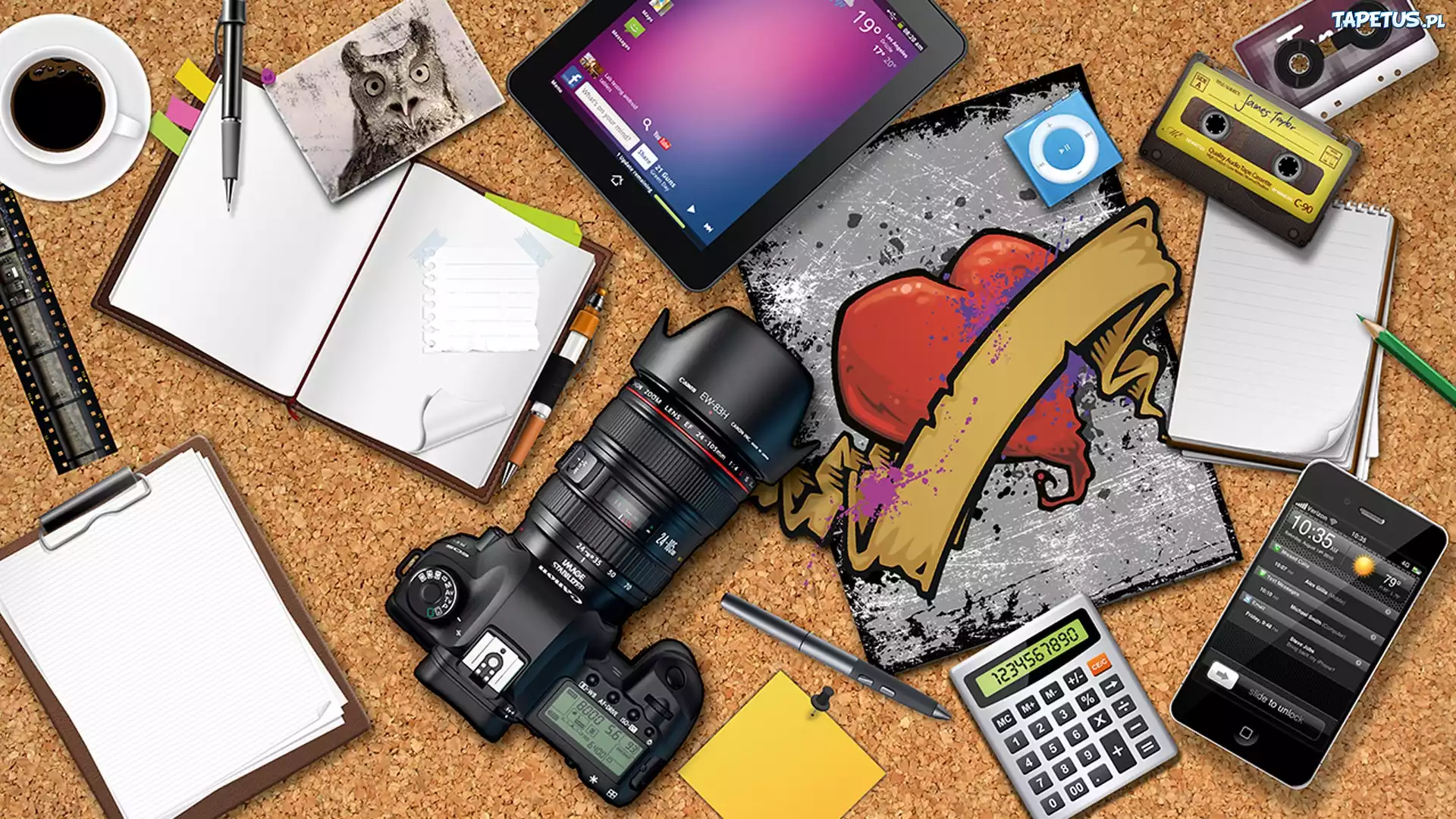 Aparat fotograficzny, Kalkulator, Telefon komórkowy, Kasety, Tablet