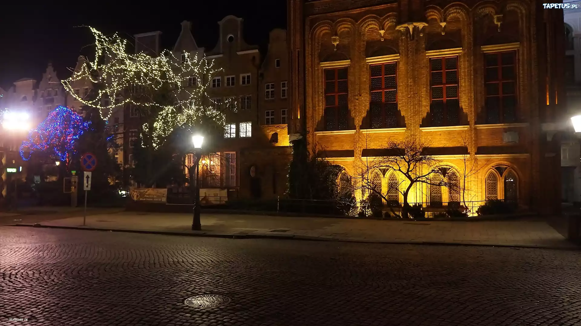 Miasto, Gdańsk, Uliczka, Noc, Budynki, Świąteczne