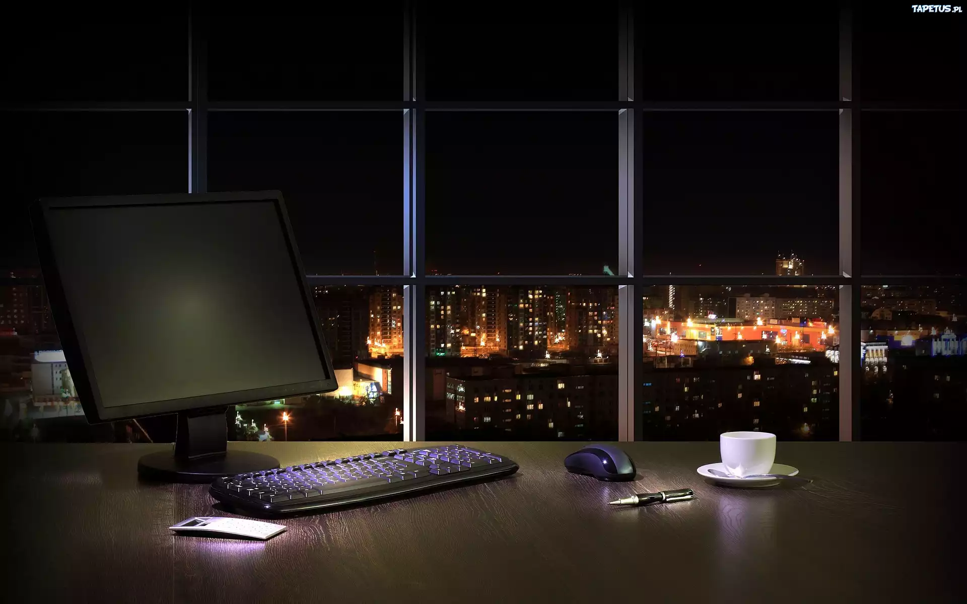Wnętrze, Biurko, Laptop, Miasto, Noc