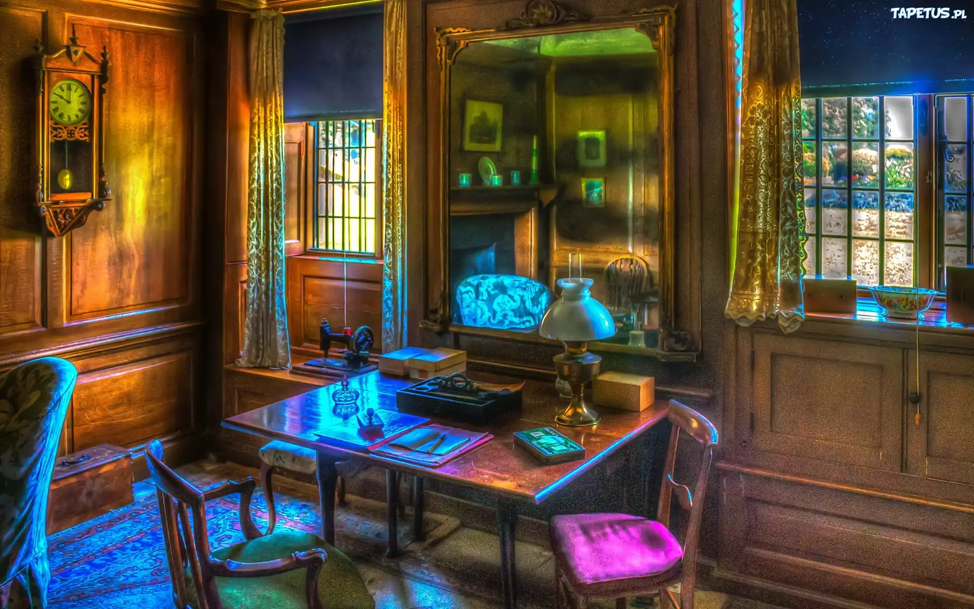 Wnętrze, Gabinet, Biurko, Lampa, HDR