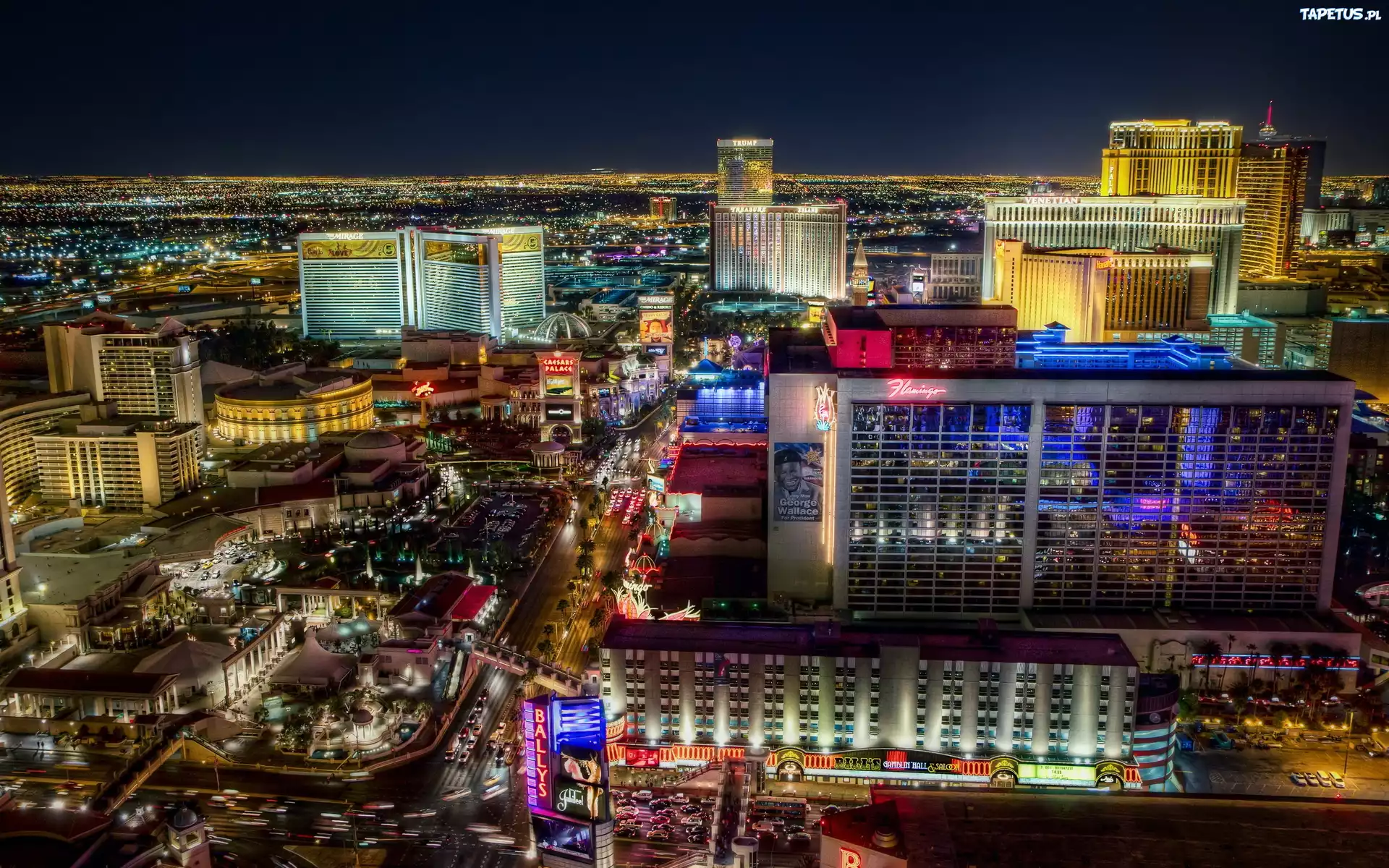 Las Vegas, Wieżowce, Hotele, Panorama, Miasta, Noc