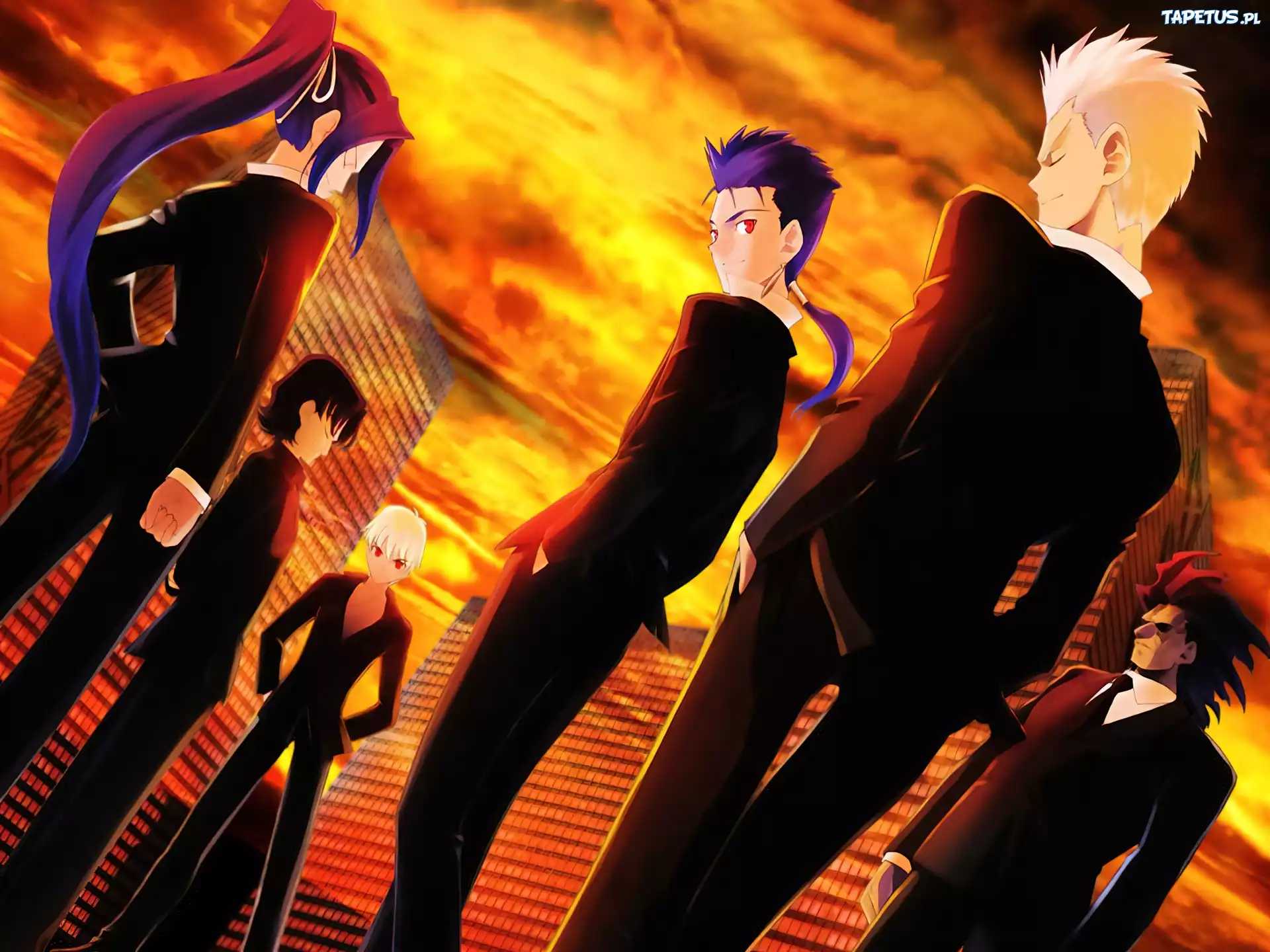 Fate Stay Night, wieżowce, ludzie, garnitury