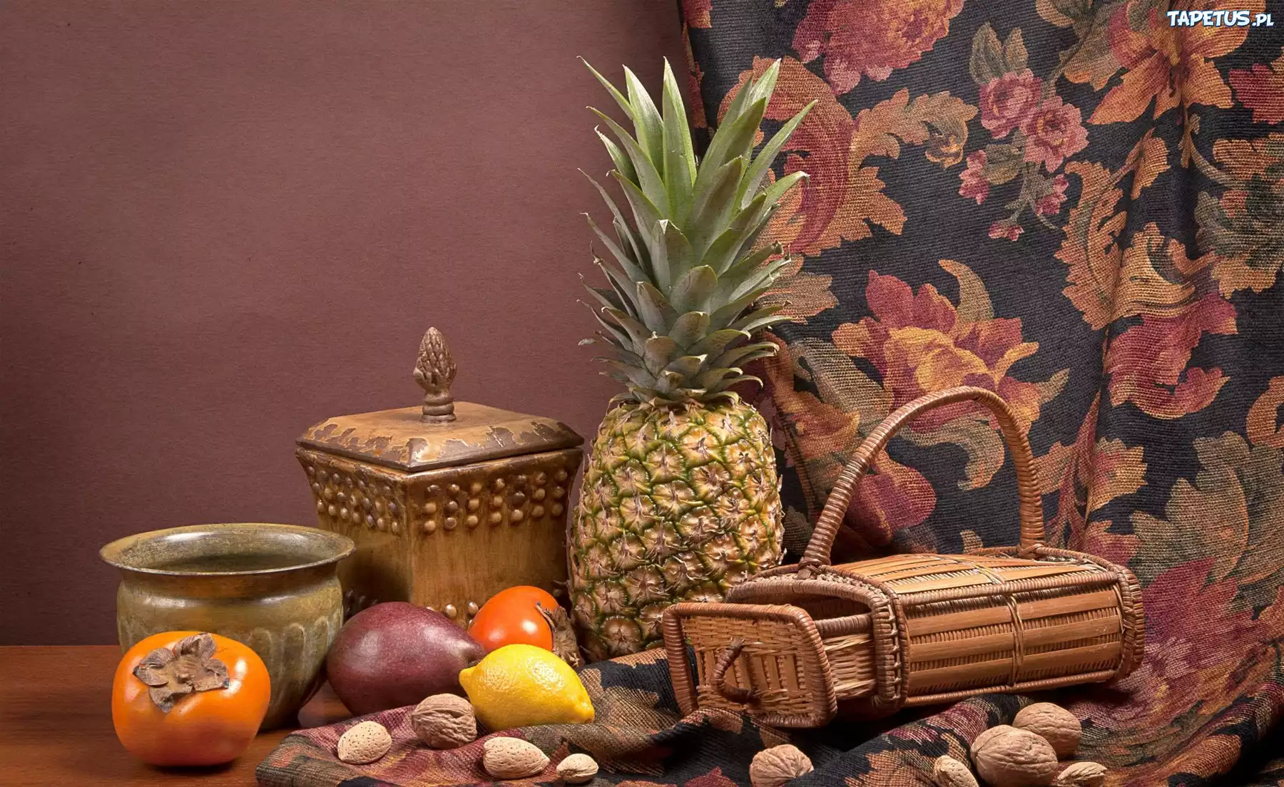 Kompozycja, Ananas, Cytryna, Orzechy, Koszyk, Naczynia