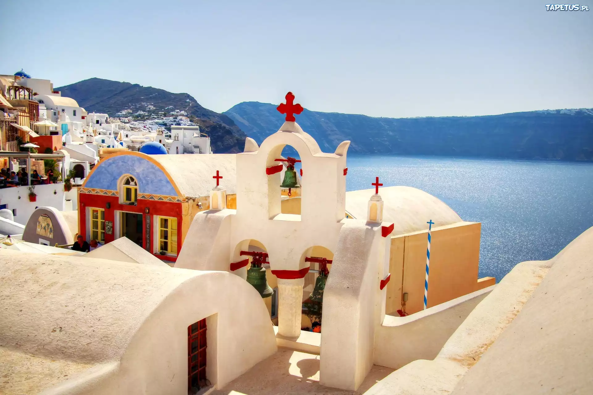 Grecja, Santorini, Morze, Góry, Kościoły