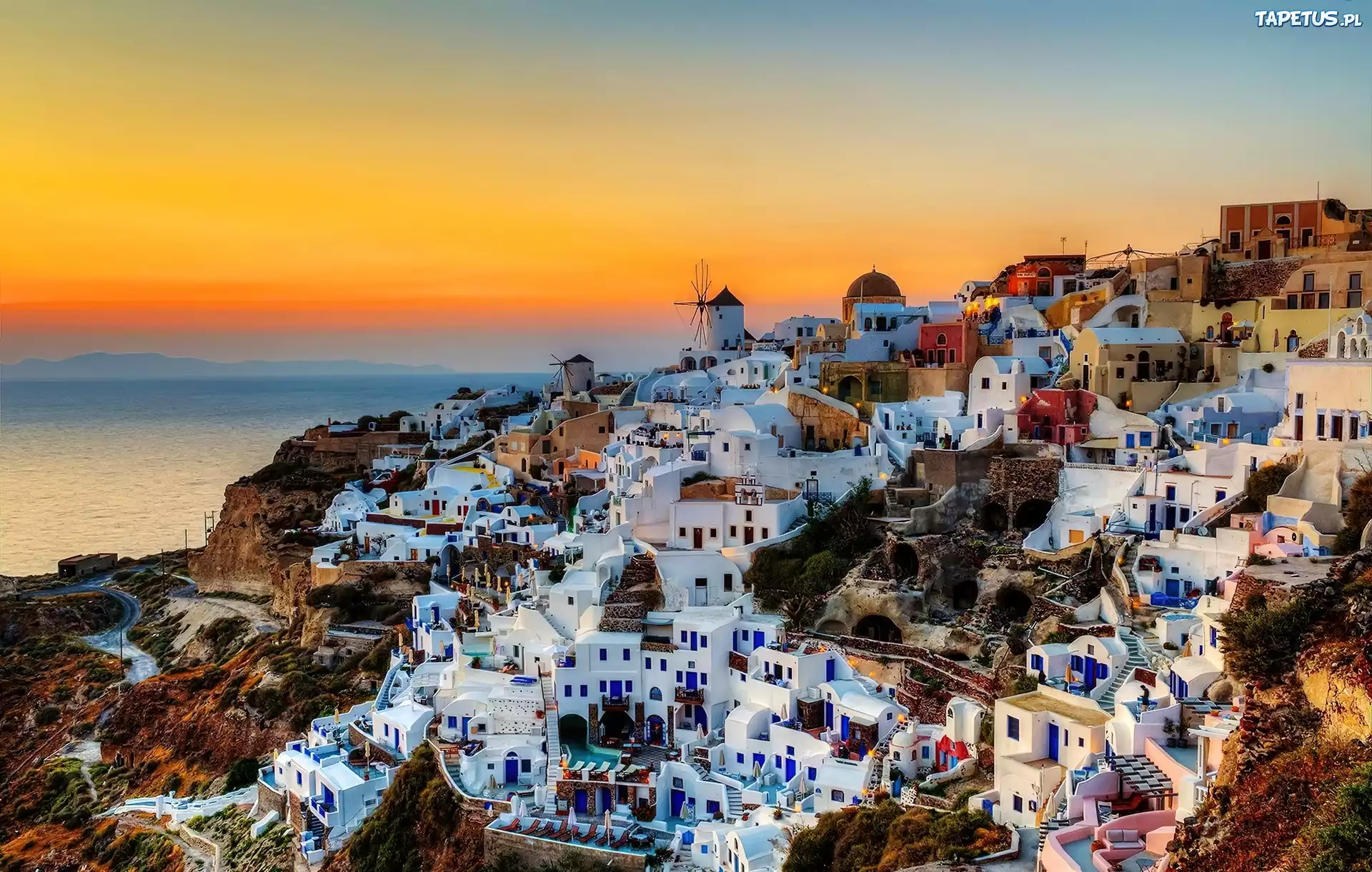 Zachód, Słońca, Skały, Wyspa, Santorini
