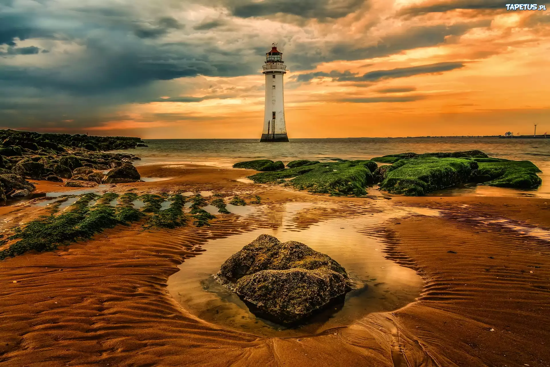 Latarnia Morska, Zachód Słońca, Morze, Plaża, Odpływ
