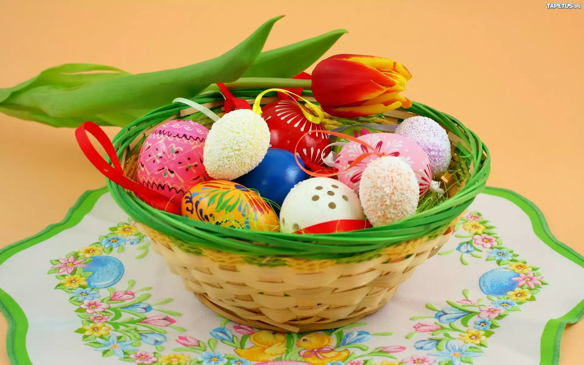 Kolorowe, Pisanki, Tulipan, Koszyk, Serweta, Wielkanoc