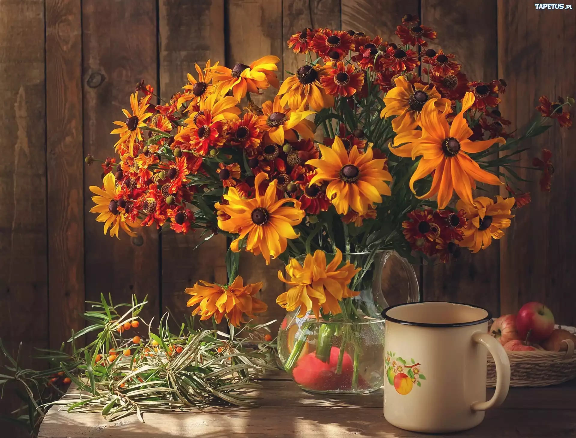 Kompozycja, Bukiet, Kwiatów, Rudbekia, Dzielżan, Jabłka, Garnuszek
